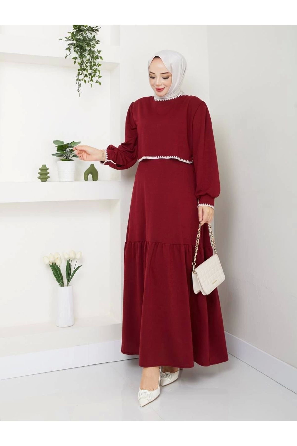 azra moda Etek Fırfırlı Elbise Bordo