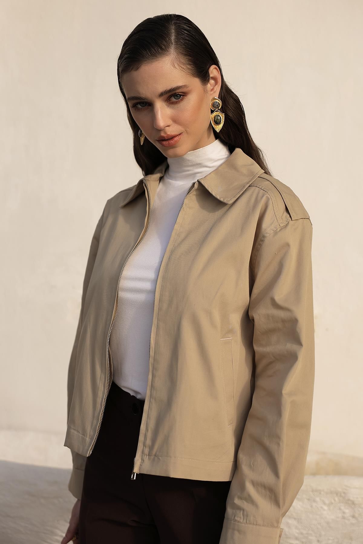Olcay Fermuarlı Kısa Gabardin Ceket BEJ 8260