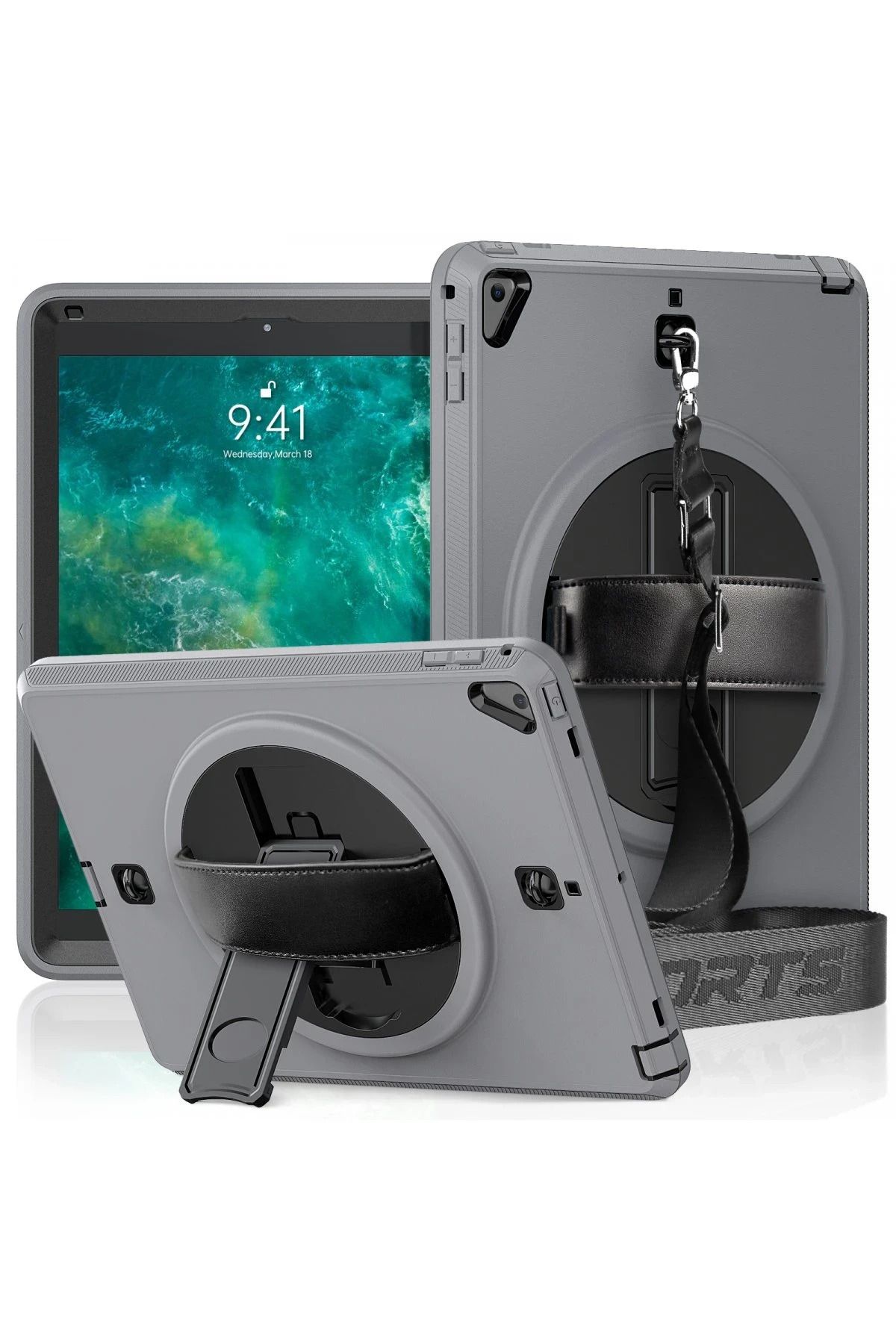 NewFace iPad 5 Air 9.7 Kılıf Strap-C Otterbox Tablet Kapak - Gri YNSMR
