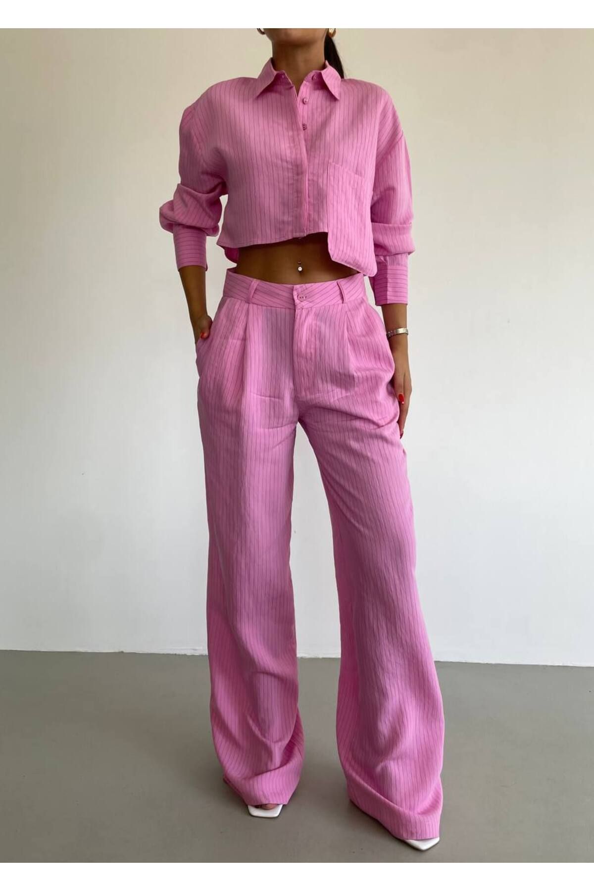 369 etnik butik Çizgili Crop Gömlek & Bol Paça Pantolon Takım - İkili Takım