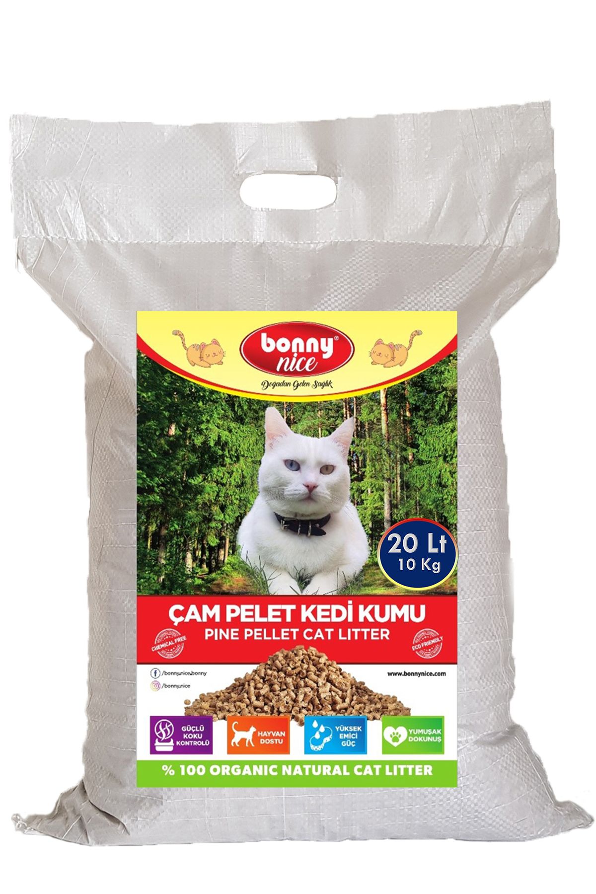 Bonny Nice Yavru/Yetişkin için %100 Biyobozunur-Astımlı ve Alerjik için Doğal Çam Peleti Kedi Kumu 10 Kg 20 Lt.