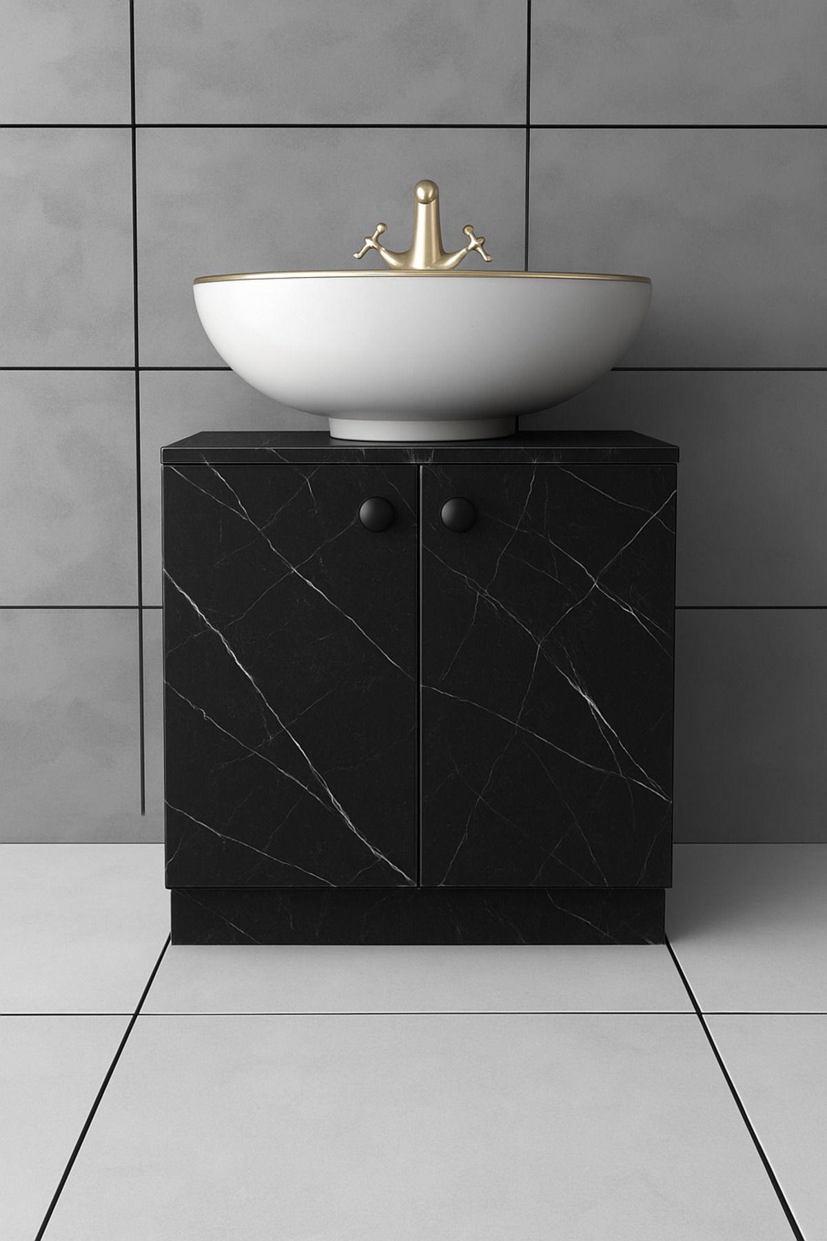 YURKUR MOBİLYA Ayaklı Lavabo Dolabı Banyo Dolabı Lavabo Altı Dolap Beyaz-Siyah Mermer Desen %100 MDF