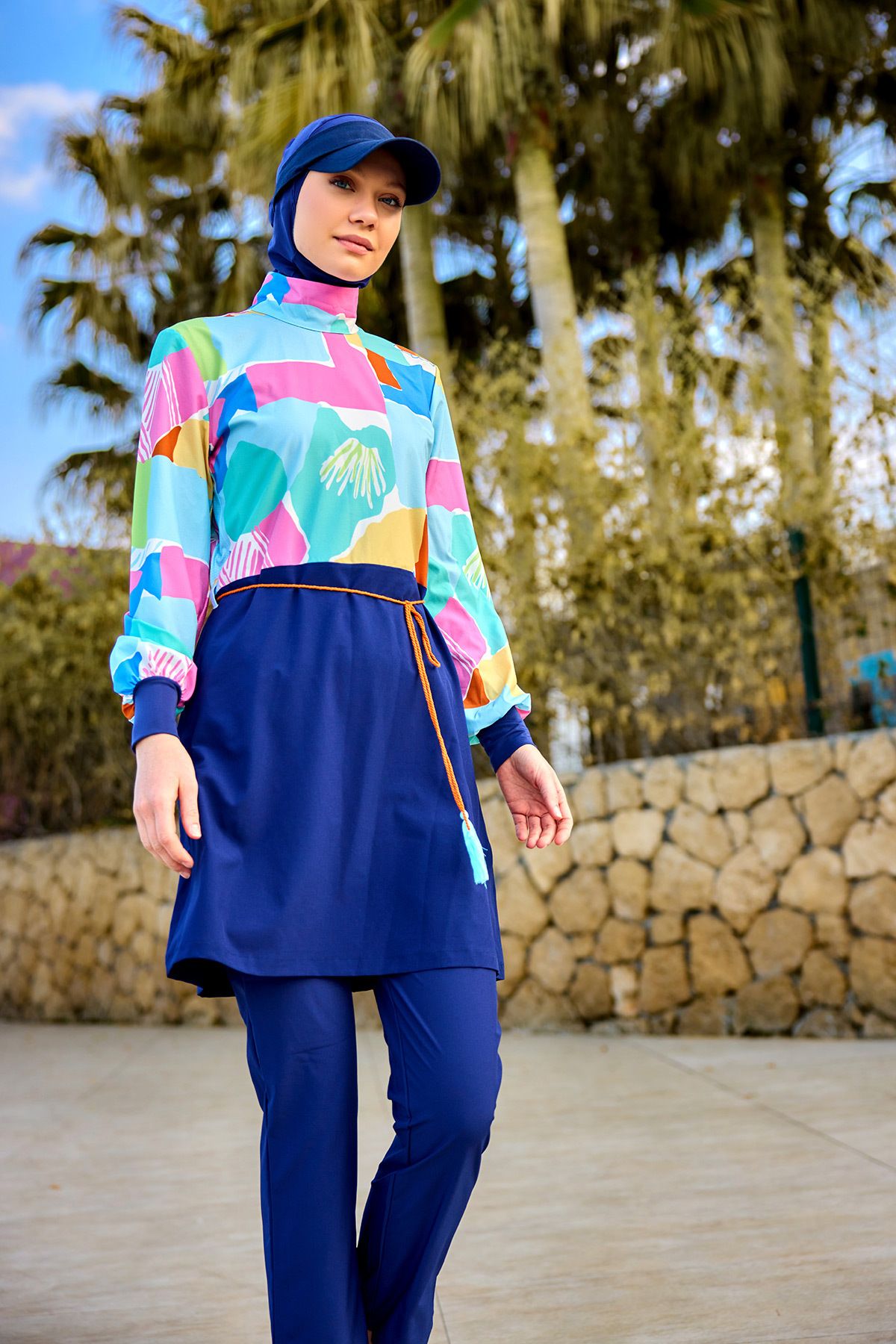 Marina Swimwear Balon Kol Lacivert Tam Kapalı Tesettür Mayo M2511