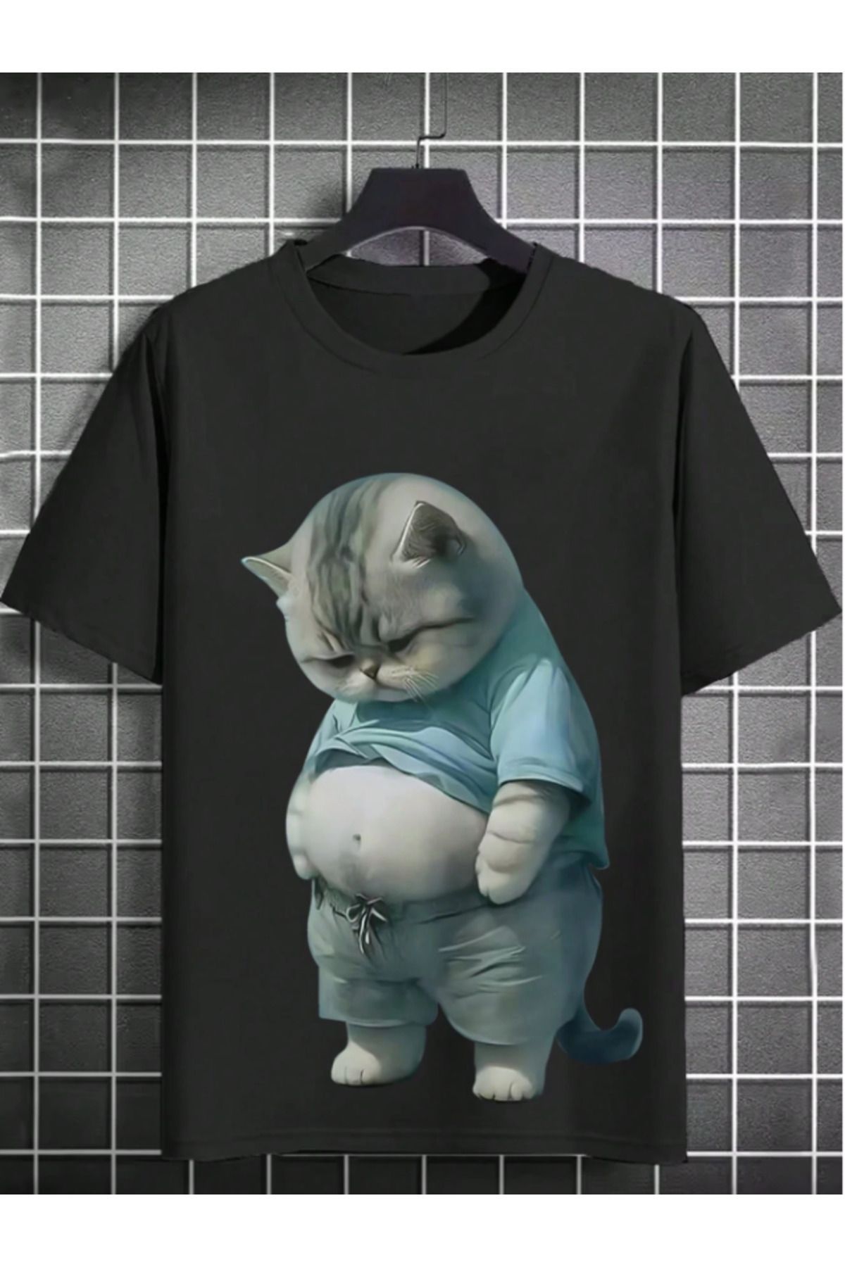 Framgan Unisex Tombul Üzgün Kedi Baskılı Kısa Kollu Tişört