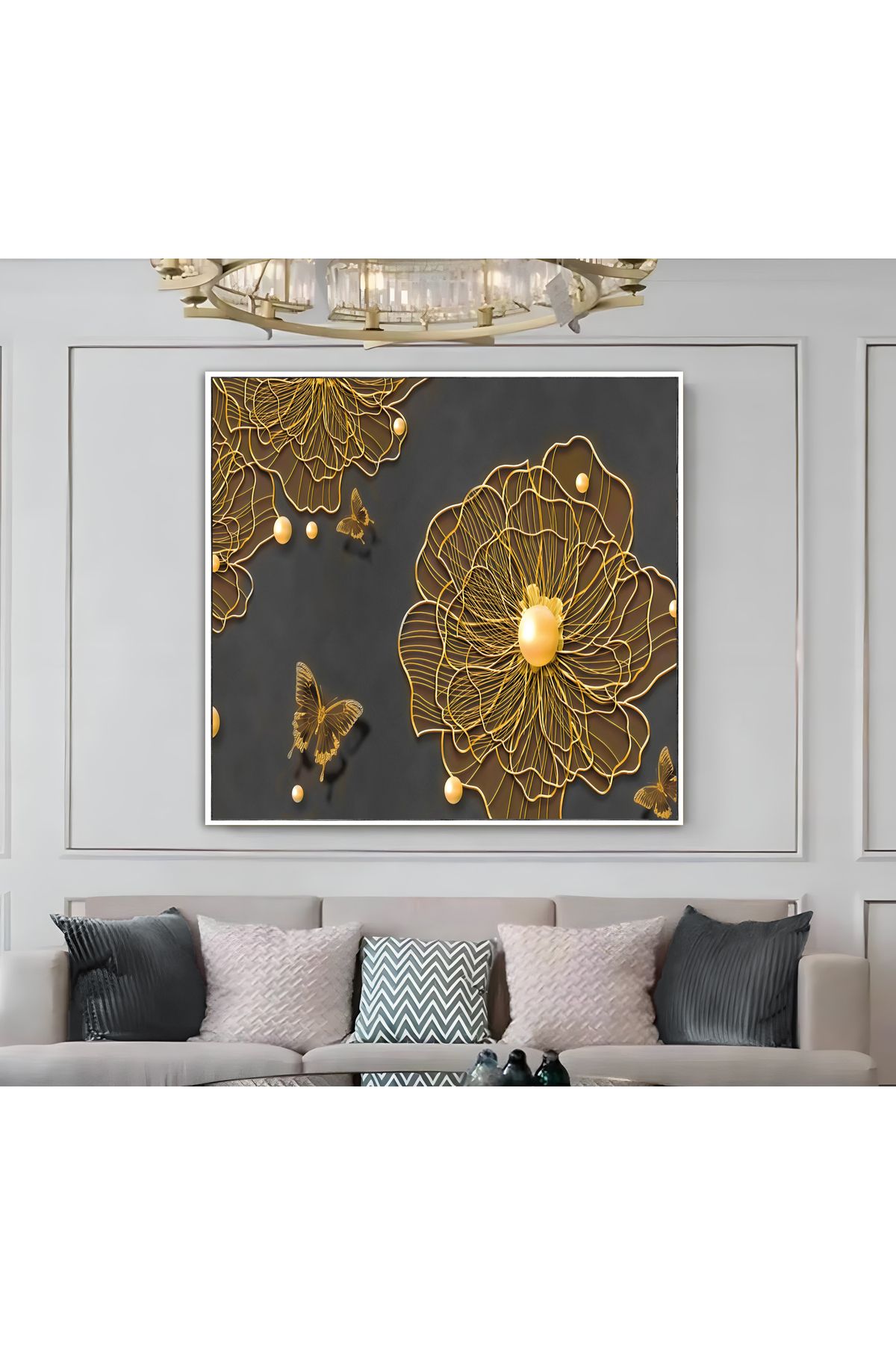 Harikabirev HARİKABİREV|METAL ÇERÇEVELİ KANVAS TABLO GOLD SOYUT ÇİÇEK MODELİ |CKKARE