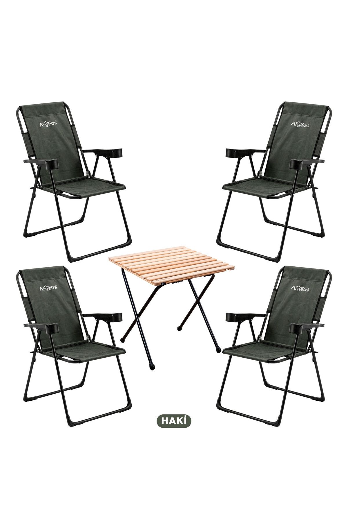 ARGEUS 4 Adet Katlanır Kamp Sandalyesi ve Masa Seti - Rest - Haki - 130 KG Taşıma