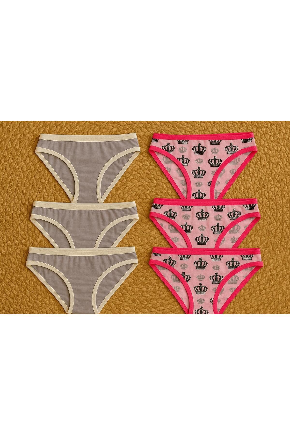 MODA 6'lı Karışık Model Kadın Slip Külot Seti - Gri & Pembe Taç Desenli
