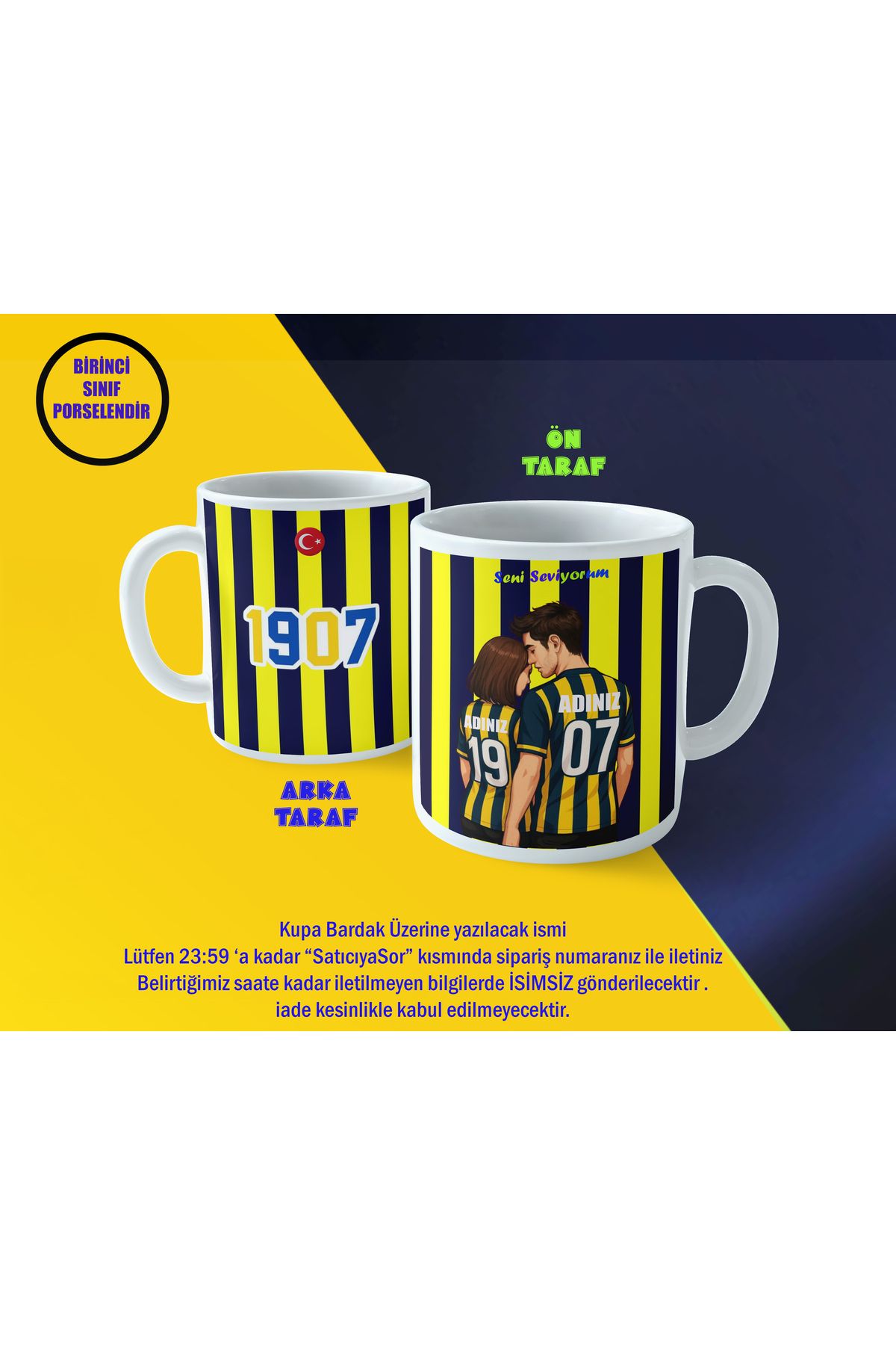 mystering store Kişiye Özel İsimli Sarı Lacivert Formalı Sevgili Kupa Özel Tasarım