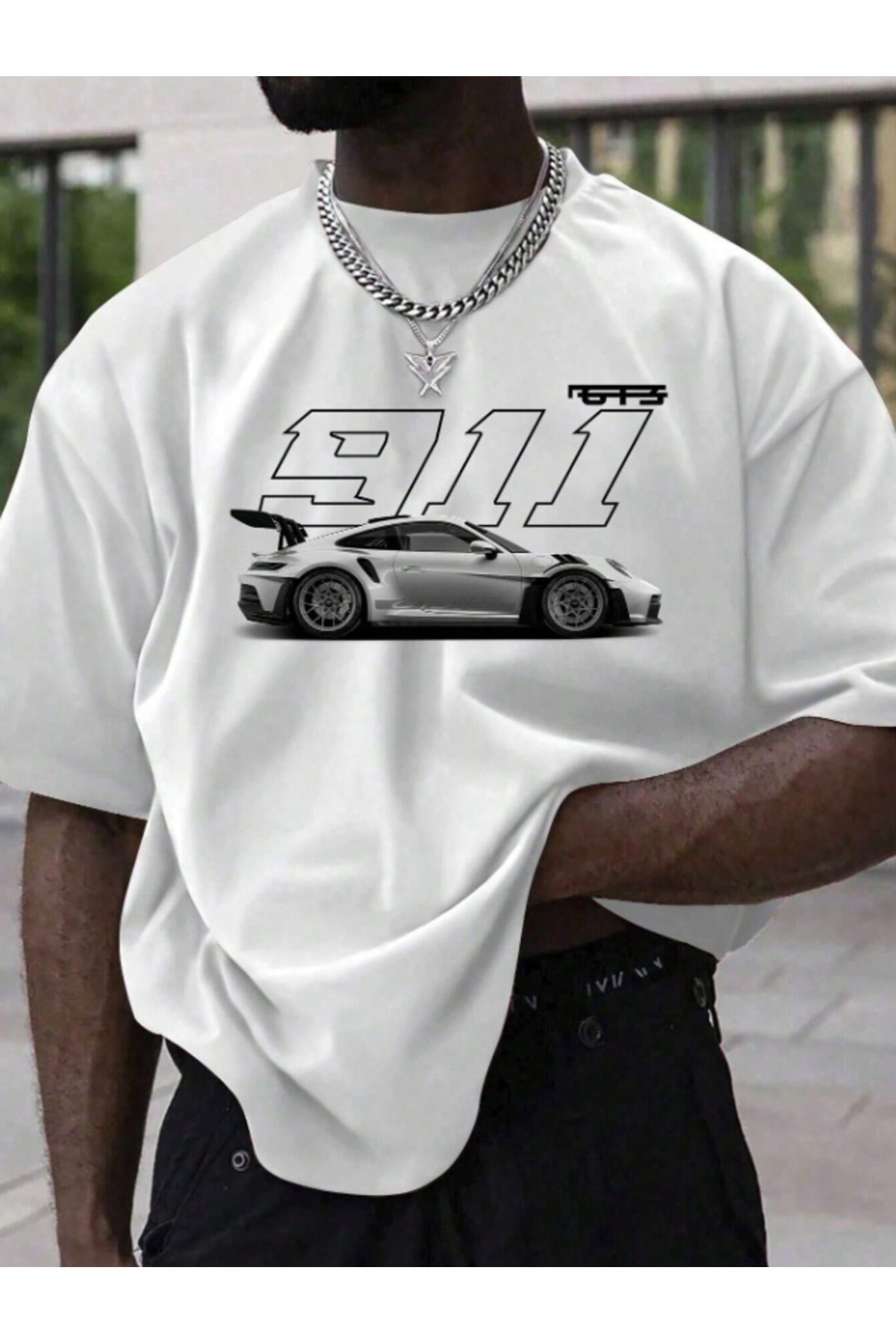 Framgan Erkek/Unisex Porsche 911 Baskılı Kısa Kollu Beyaz Tişört