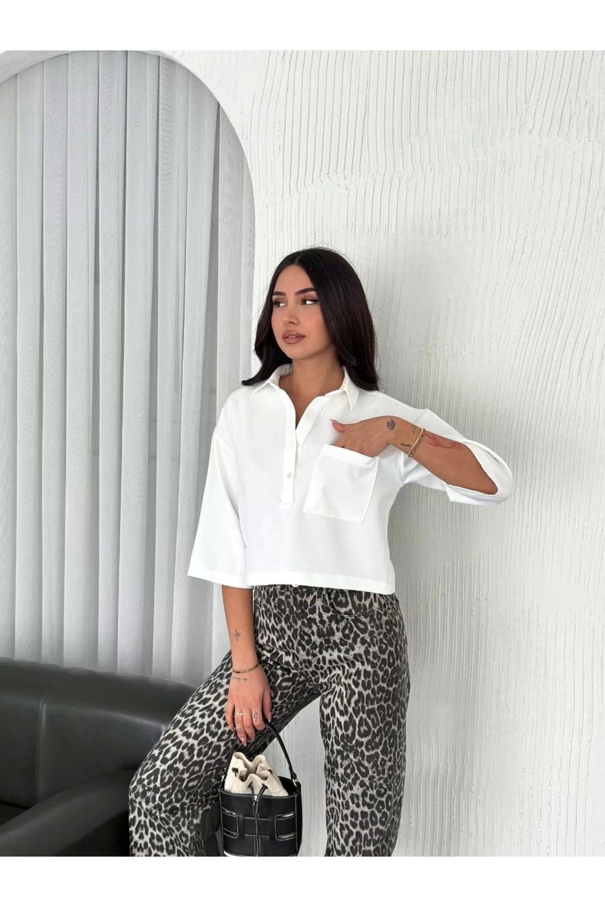 noyo giyim Kadın Crop Yakalı Gömlek Üç Çeyrek Sleeve Kol - Beyaz