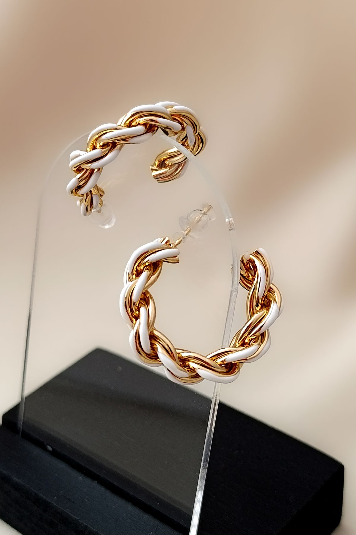 COSİTA-Gold White Transitional Spiral Zircir Stylish Hoop Earrings 7