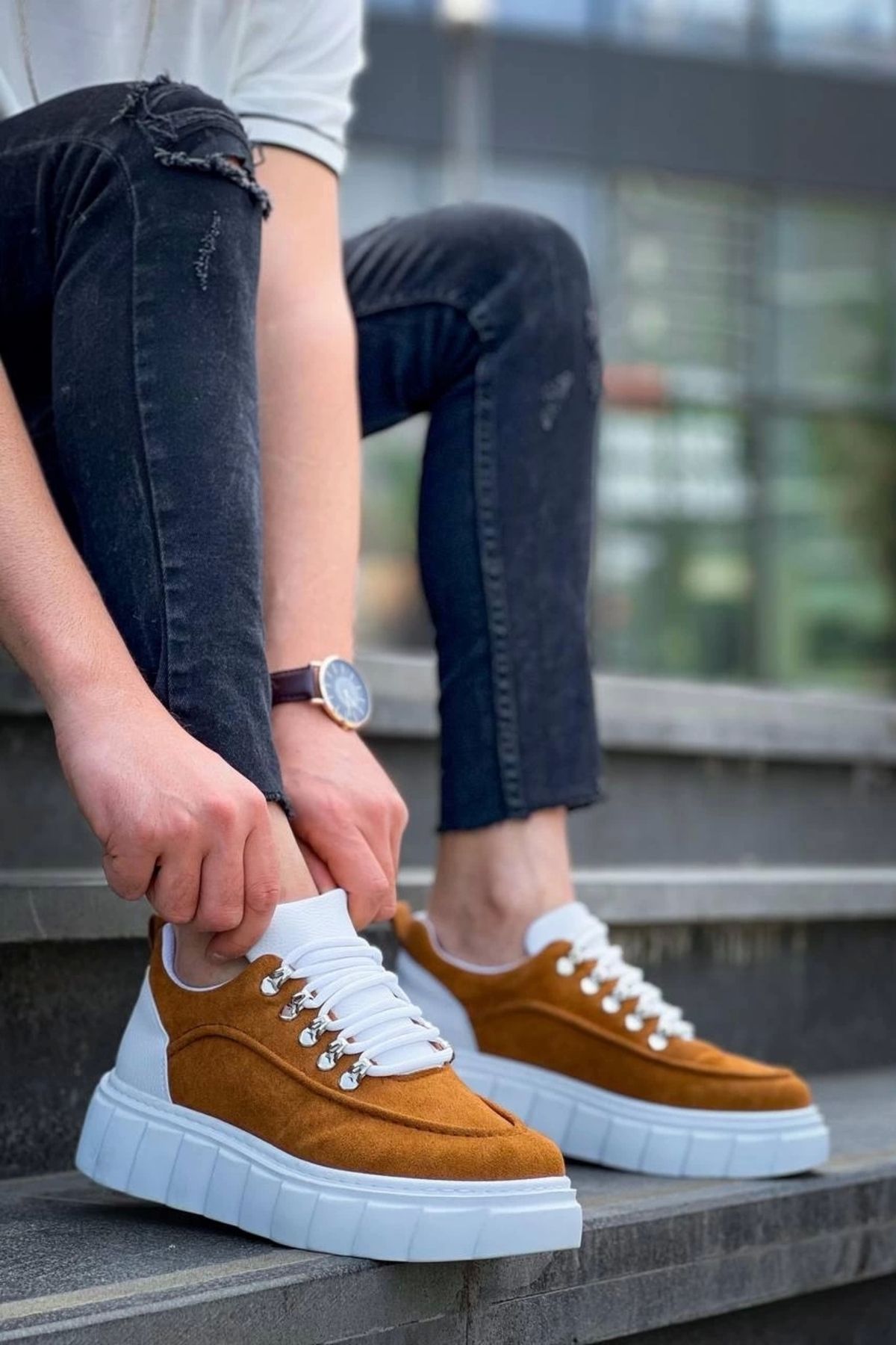 ufukmoda KB-X10 Kuback Taba Süet Beyaz Yüksek Taban Günlük Spor Ayakkabı