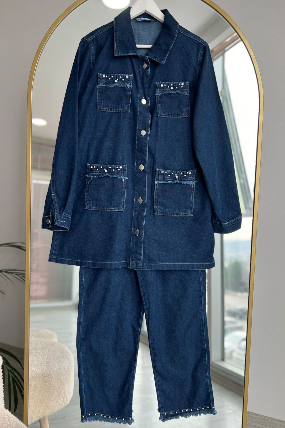 Kirazca Butik Kadın Kot İnci İşlemeli Taşlı Ceket Pantolon Takım