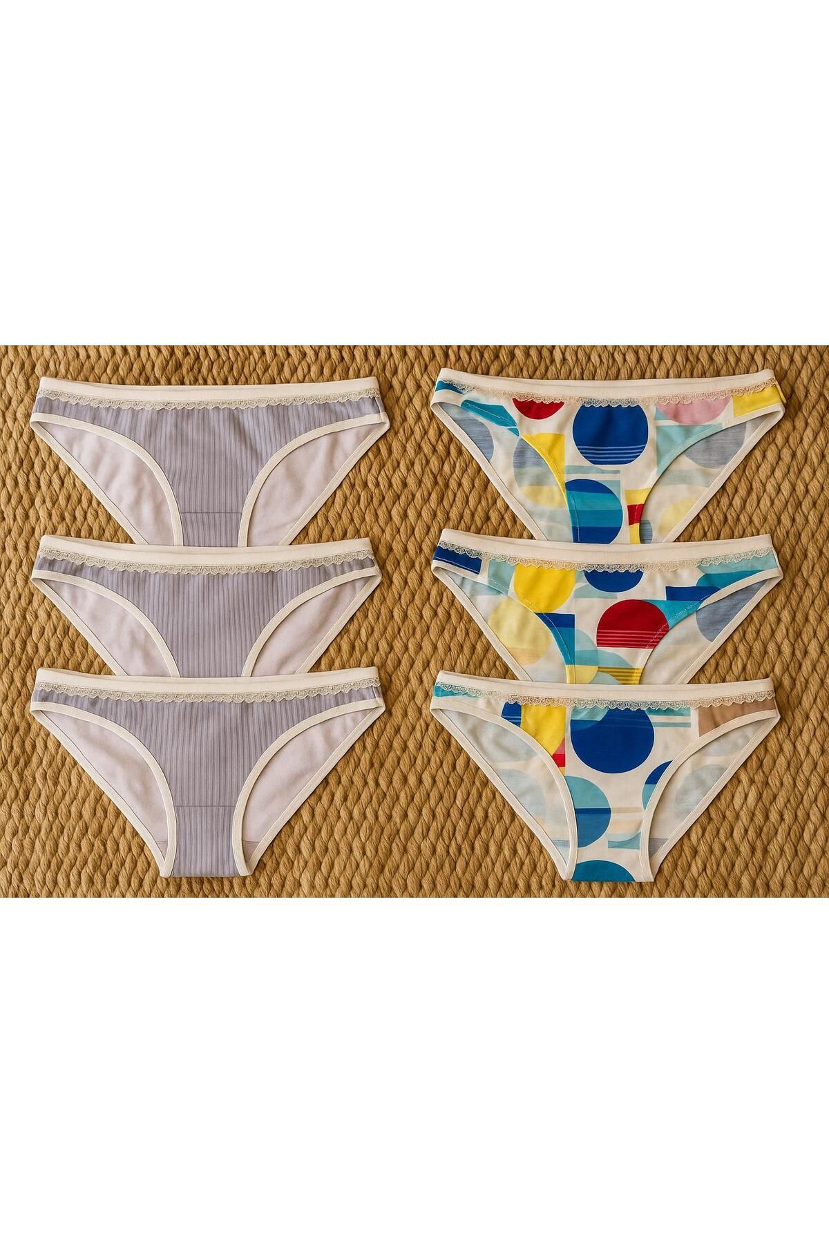 MODA 6'lı Kadın Slip Külot Seti - Çizgili Gri & Renkli Geometrik Desenli