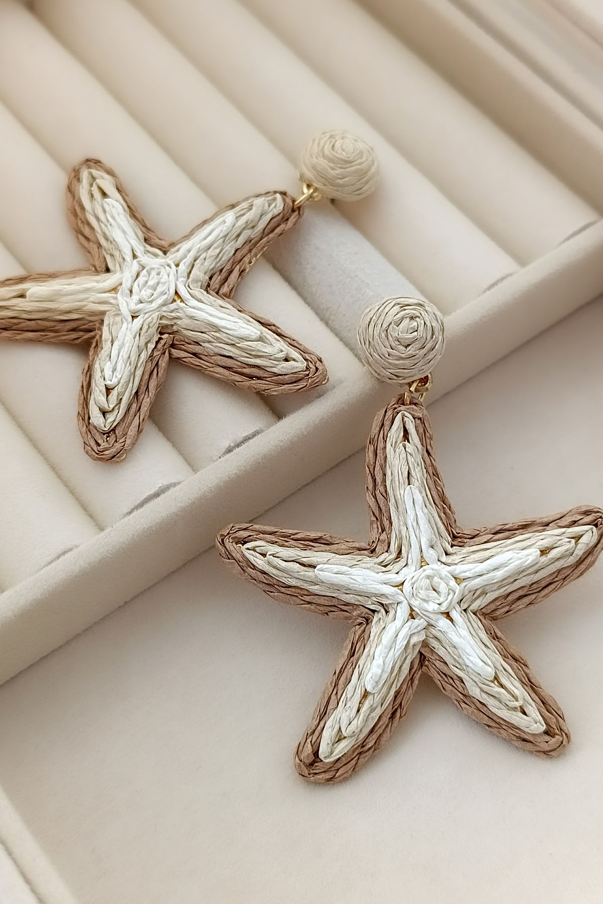 COSİTA-Starfish Large Size Coffee Cream Straw Earrings 7