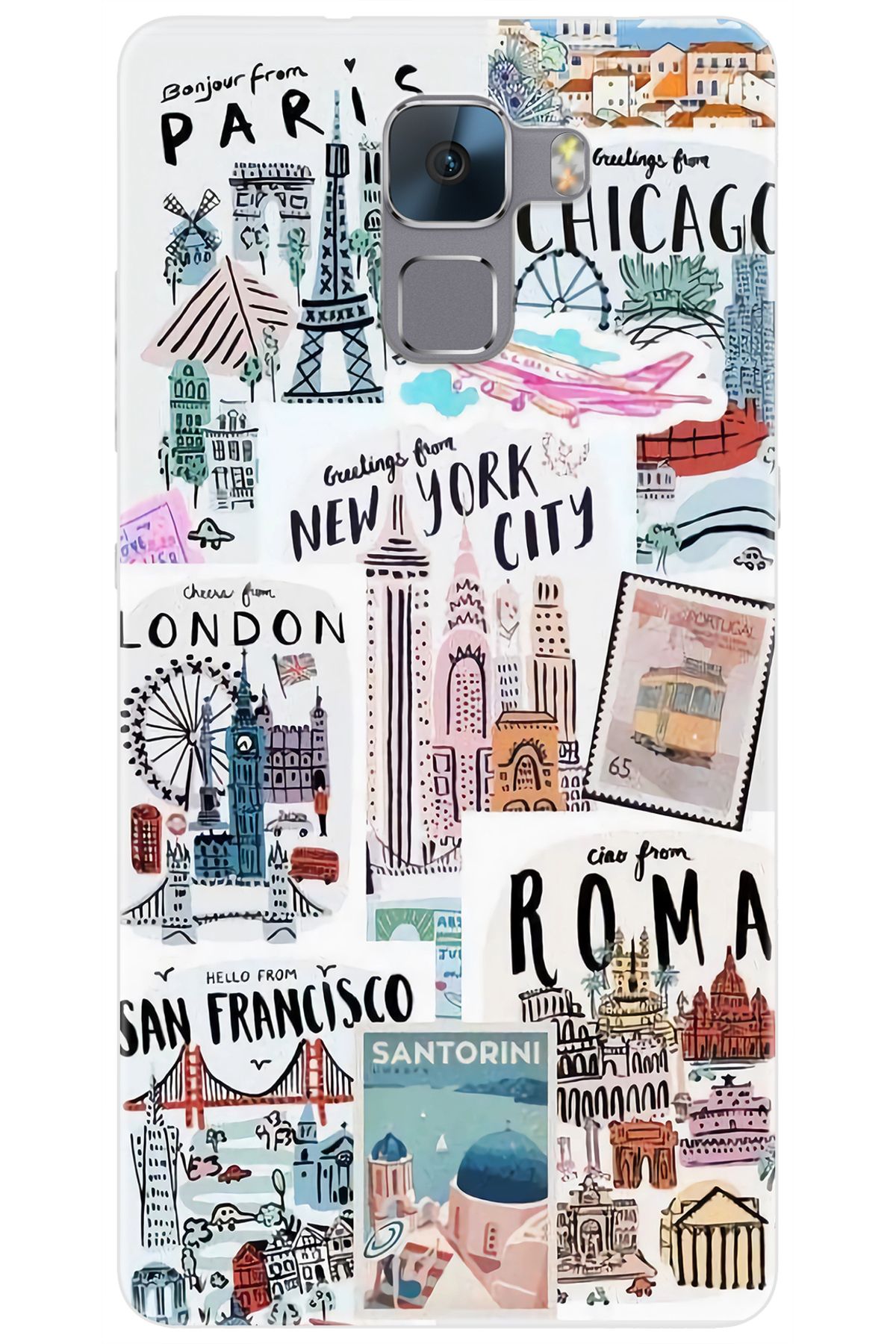 Ceppare Huawei Honor 7 (PLK-L01) Uyumlu Kılıf Desen Baskı Silikon Newyork Roma London STK:624 CP-k0CrejX