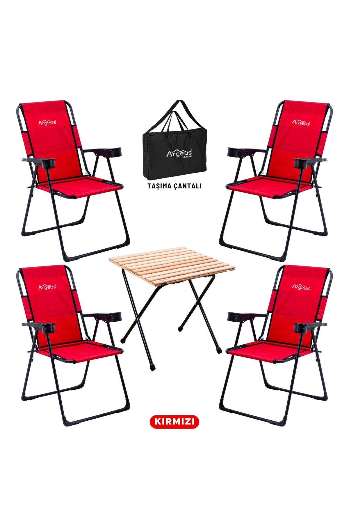 ARGEUS 4 Adet Katlanır Kamp Sandalyesi ve Masa Seti - Rest - Taşıma Çantalı - Kırmızı - 130 KG Taşıma