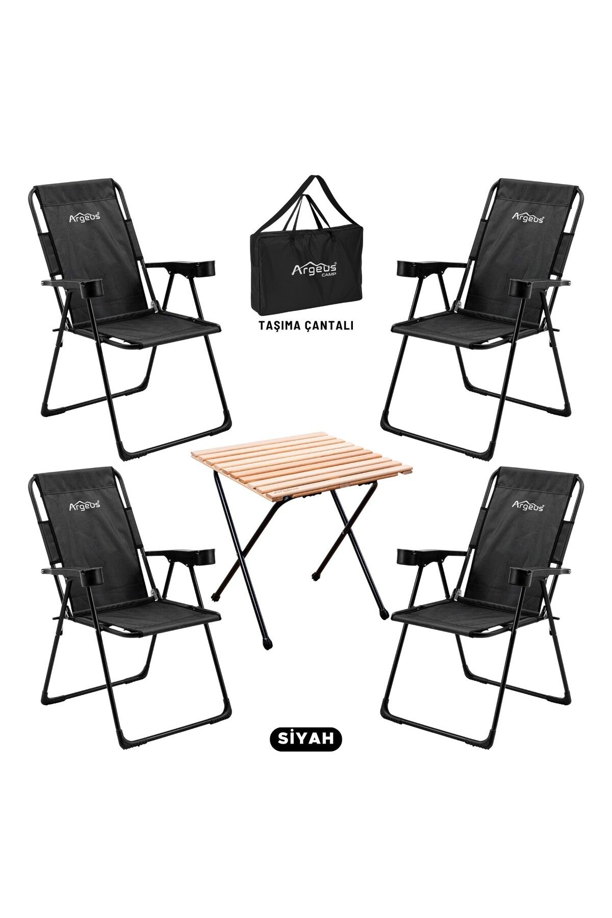 ARGEUS 4 Adet Katlanır Kamp Sandalyesi ve Masa Seti - Rest - Taşıma Çantalı - Siyah - 130 KG Taşıma