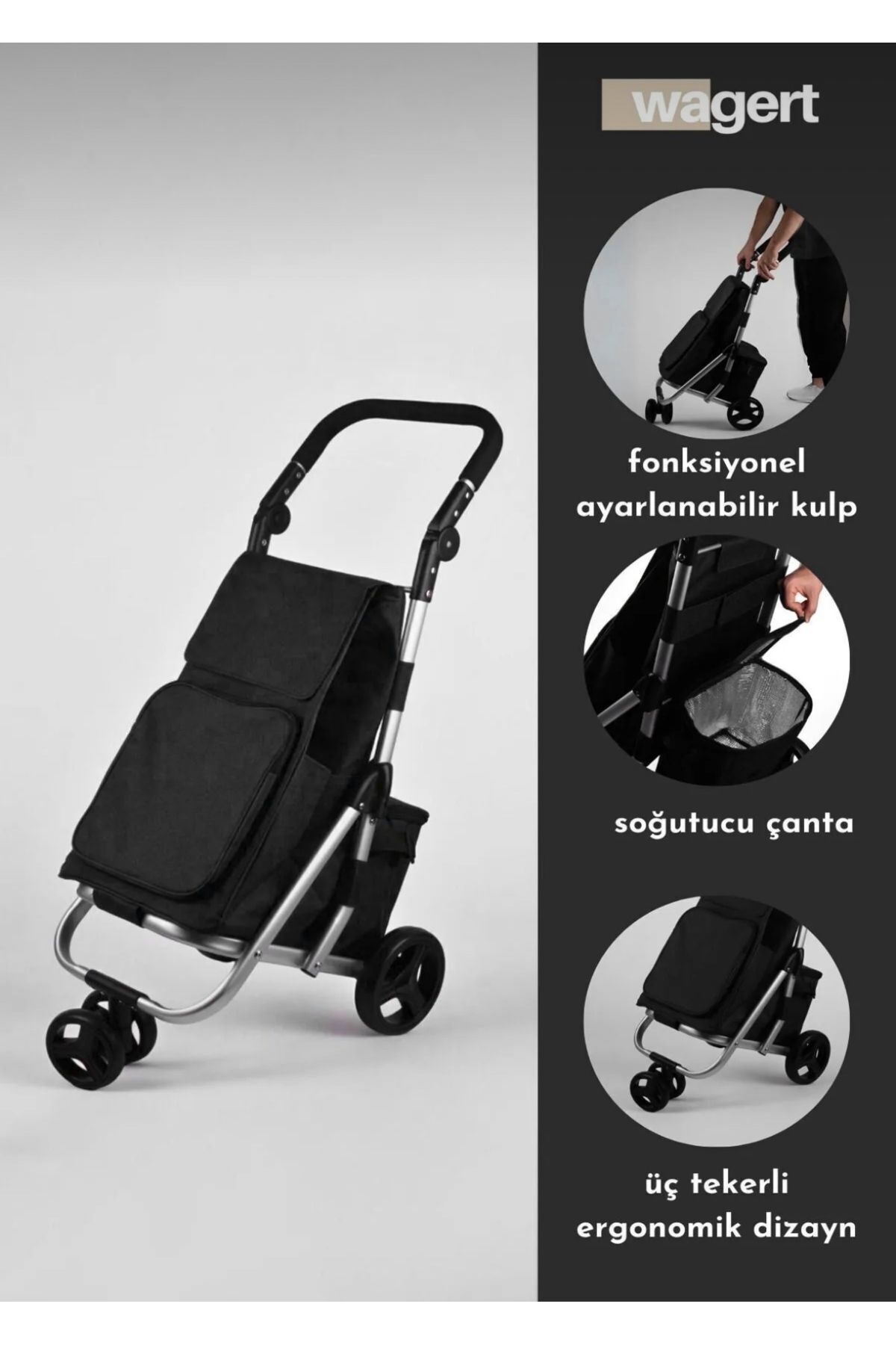 CEZVE HOME 3 Tekerli Ses Yapmaz Tekerlekli Dondurucu Çantalı Alüminyum Gövdeli Lüks Pazar Arabası