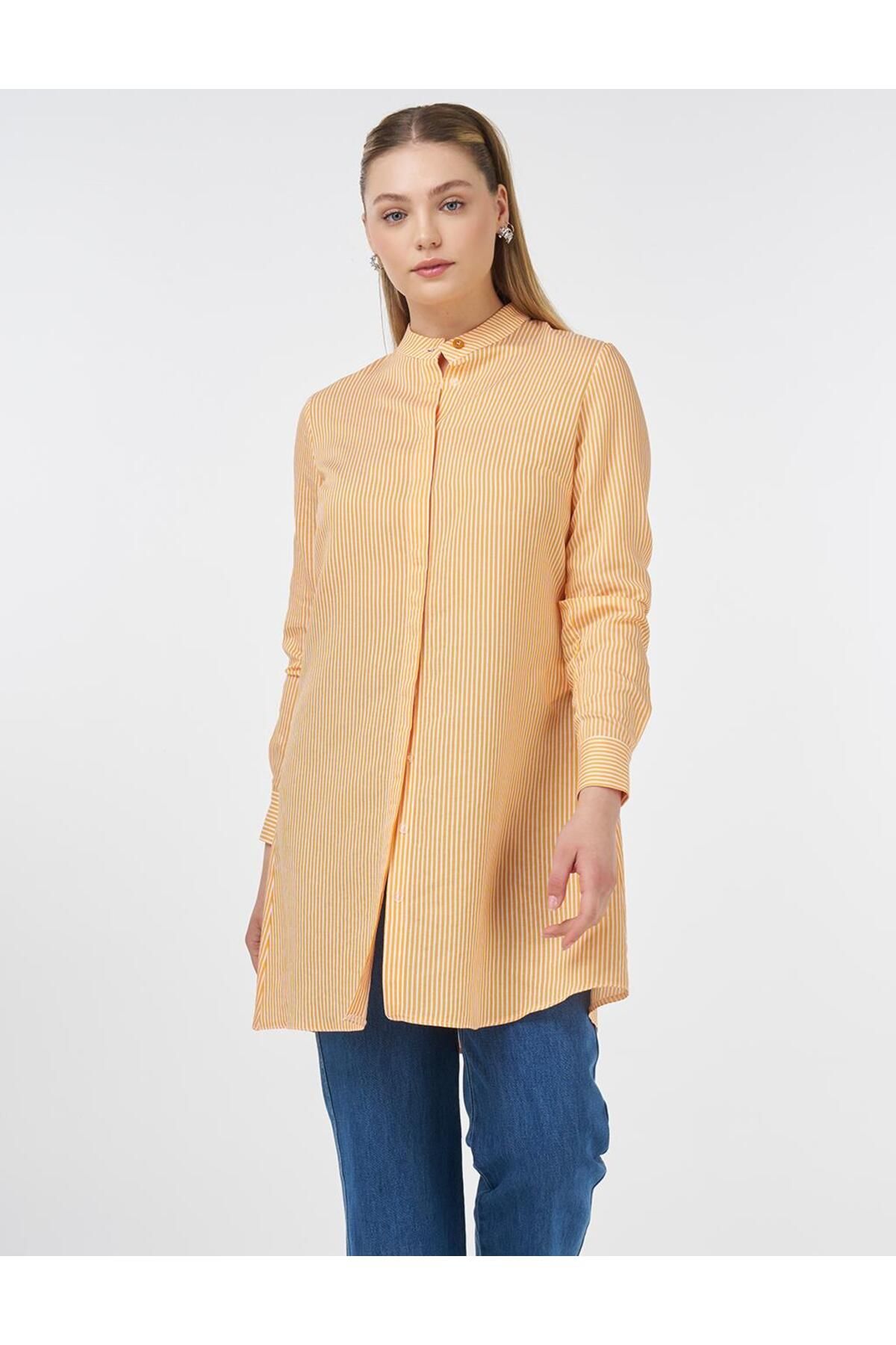Kayra Çizgi Desen Basic Tunik Turuncu