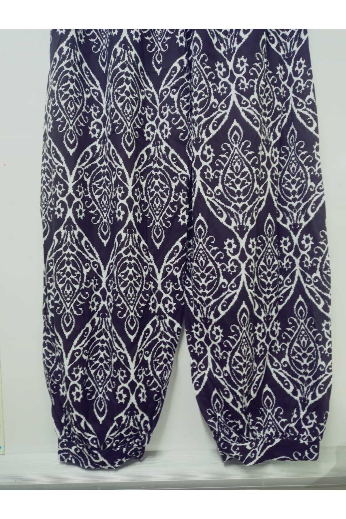 hoaryage Paçası Manşetli Viskon Pantolon, Beli Lastikli, Desenli %100 Pamuk, Battal Boy