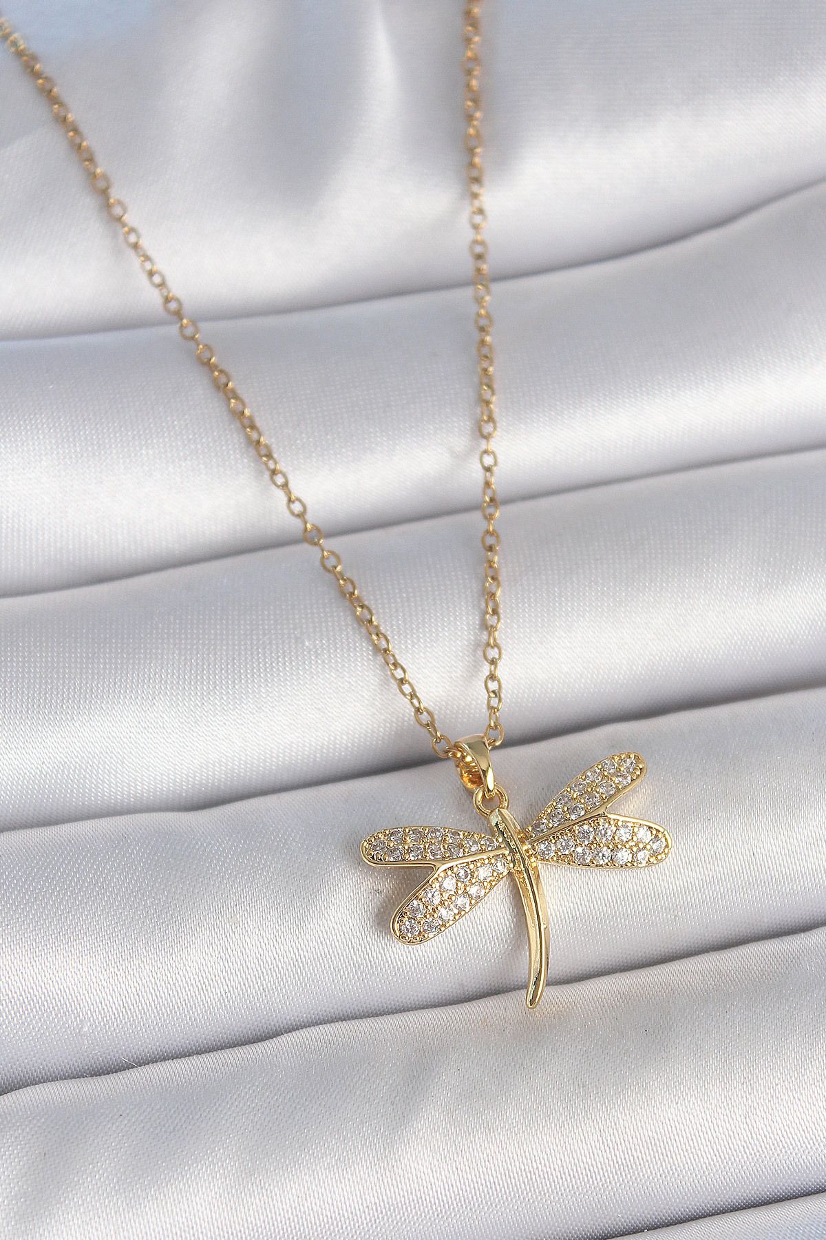 MELFSHOP 316L Çelik Gold Renk Zincir Zirkon Taşlı Yusufçuk Model Kadın Kolye