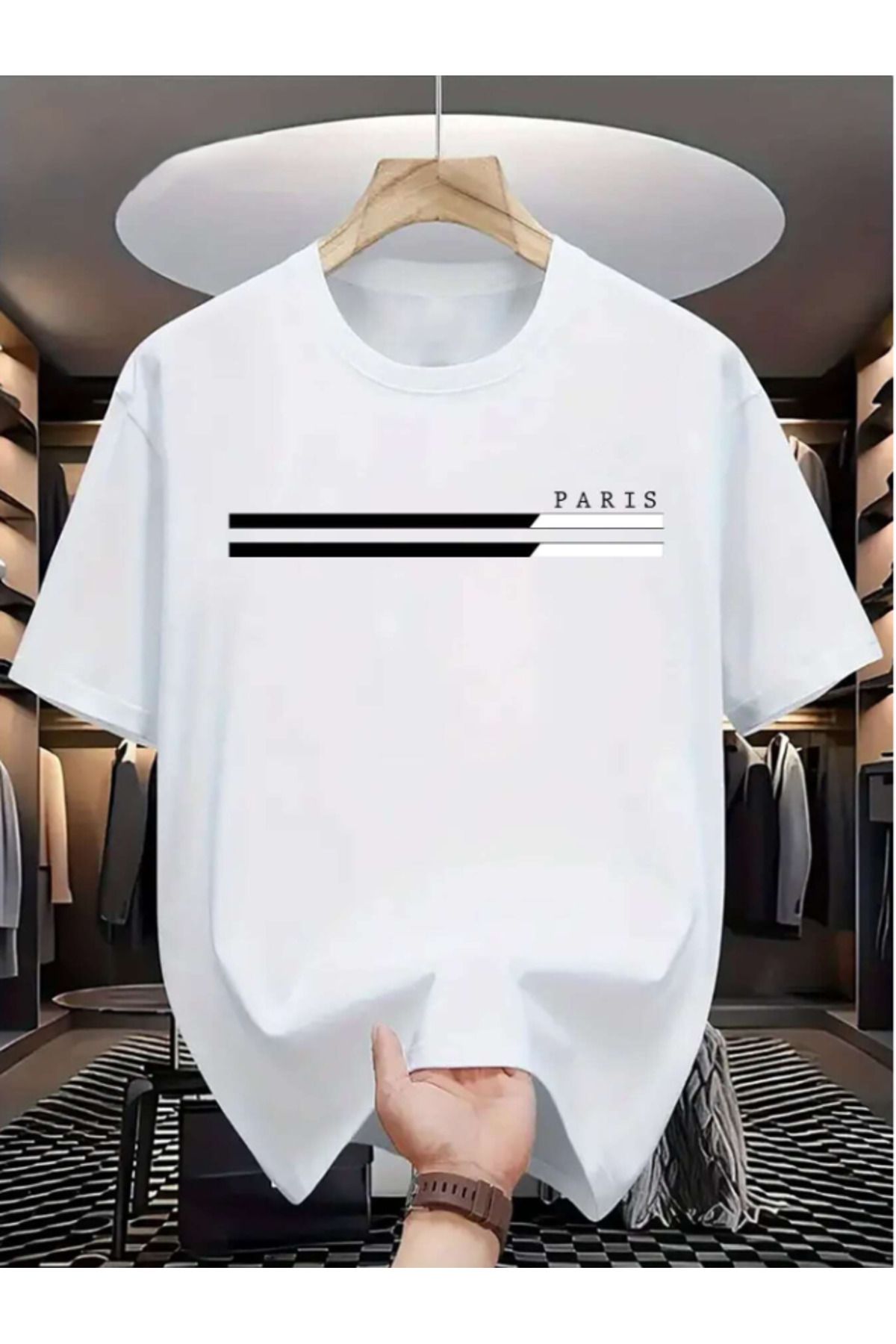 Framgan Erkek Paris Çizgili Kısa Kollu Oversize Tişört