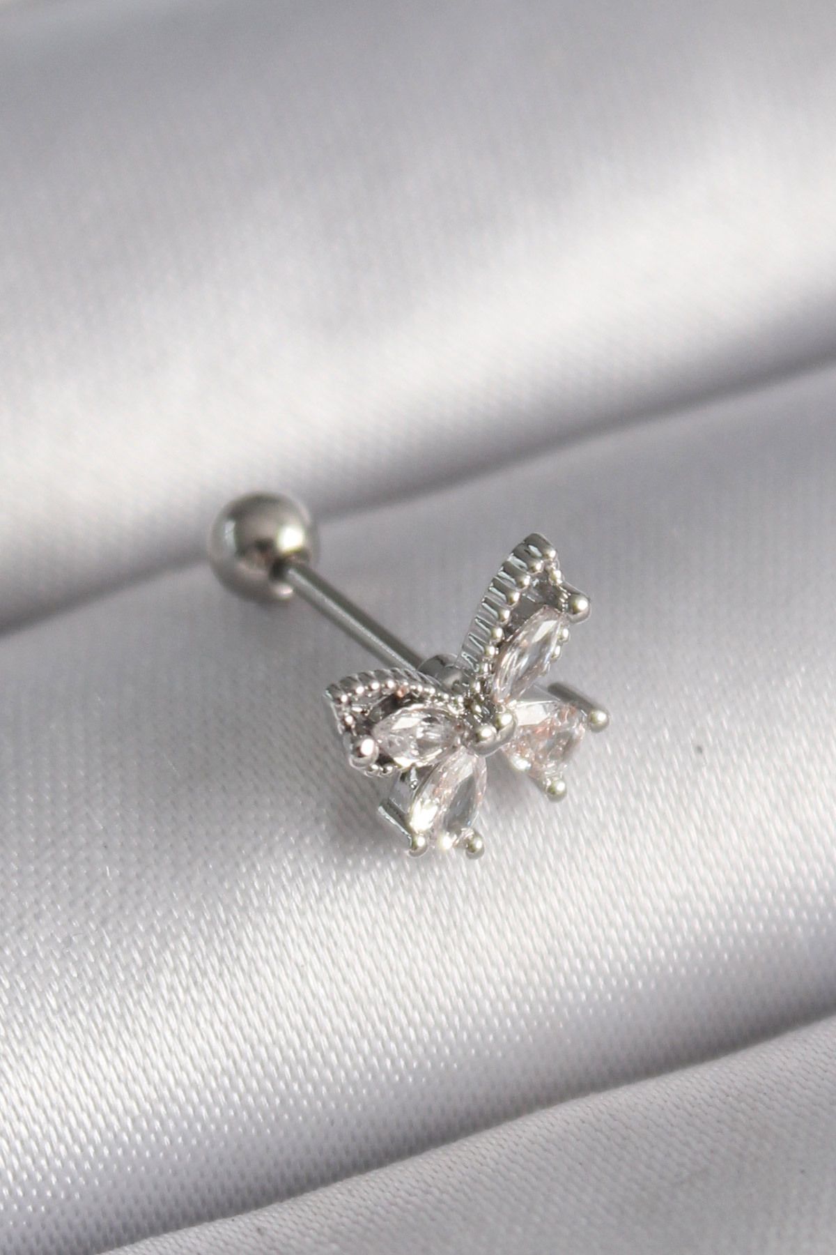 robotrend 316L Çelik Gümüş Renk Zirkon Taşlı Kelebek Tragus Piercing