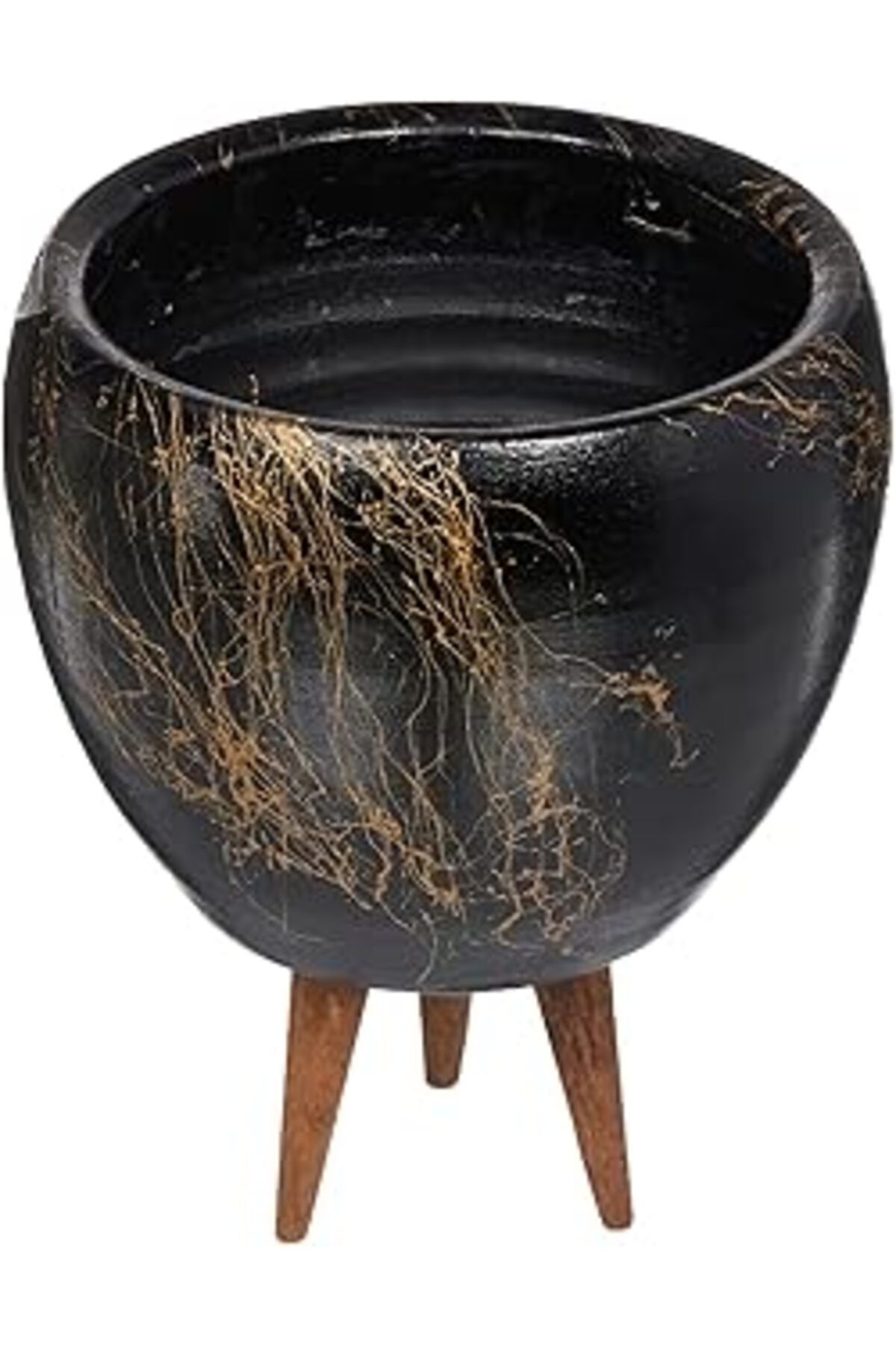karadağsb Bitkitasarımı Siyah Üzeri Gold Mermer Efektli Toprak Saksı, İkili Set, 3 Ayaklı/Ayaksız 16 Cm