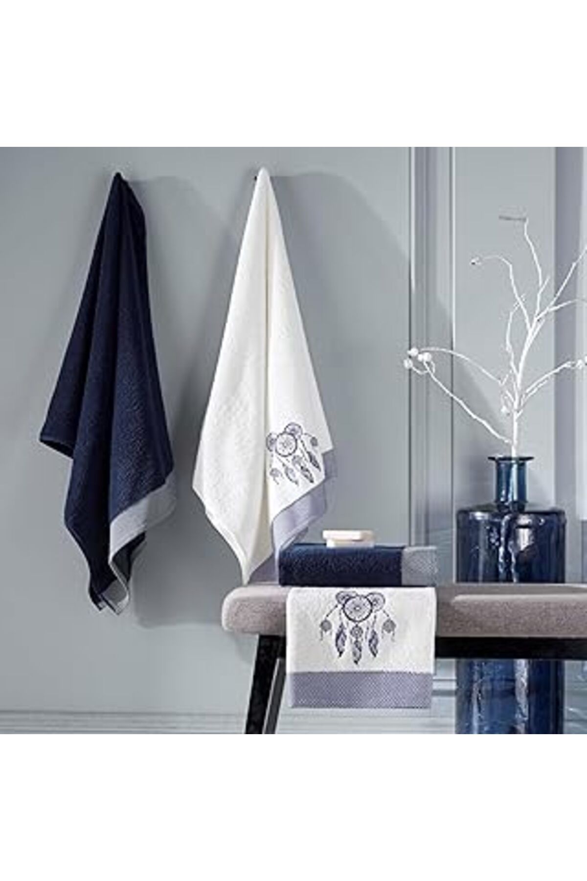 NZM TİCARET Taç Dream Etnik Desenli%100 Pamuk Hamam Seti, Beyaz, 2 Adet 70X150 Cm Havlu, 2 Adet 50X90 Cm Havlu