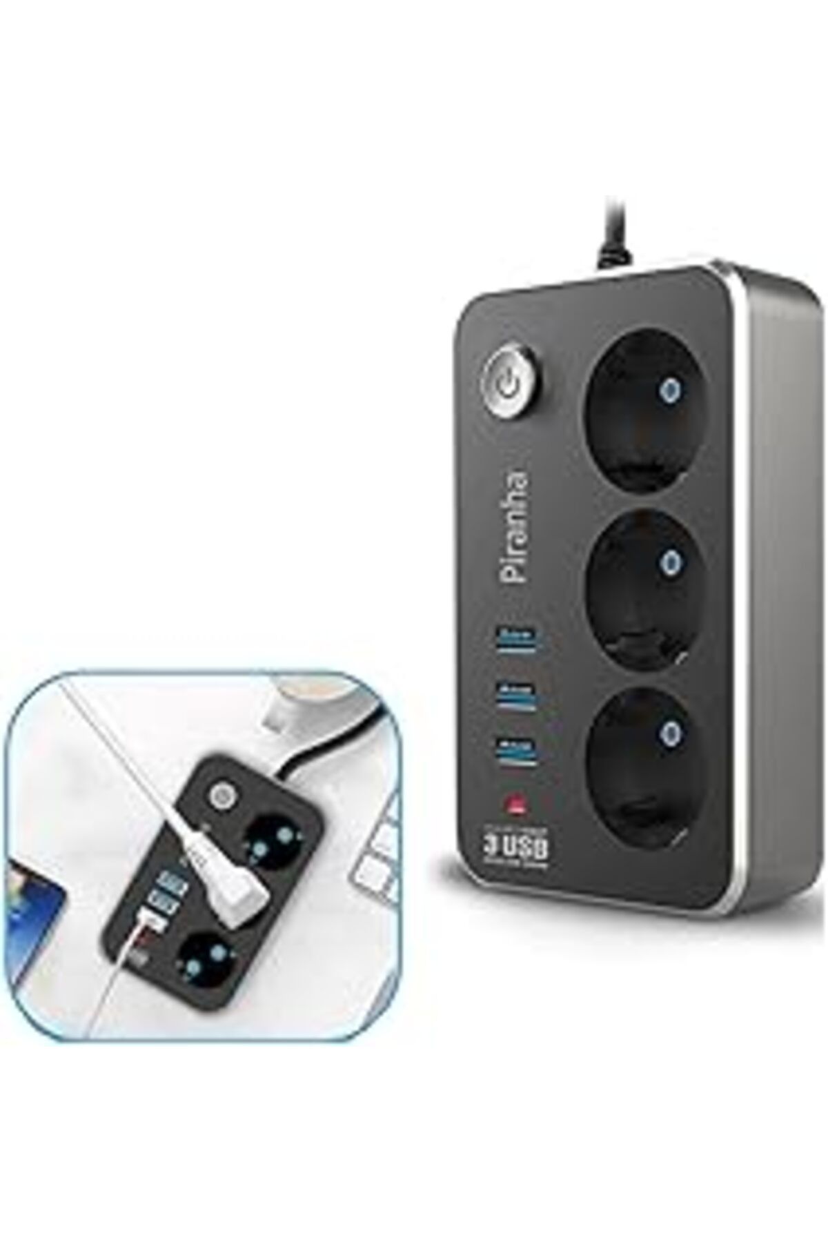 TBSProjects Buffer® Isıya Dayanıklı Termal Akım Korumalı 2 Metre 10A 2500W 3Lü Priz Ve 3 Usb Li 2.1A Uzatma Kab