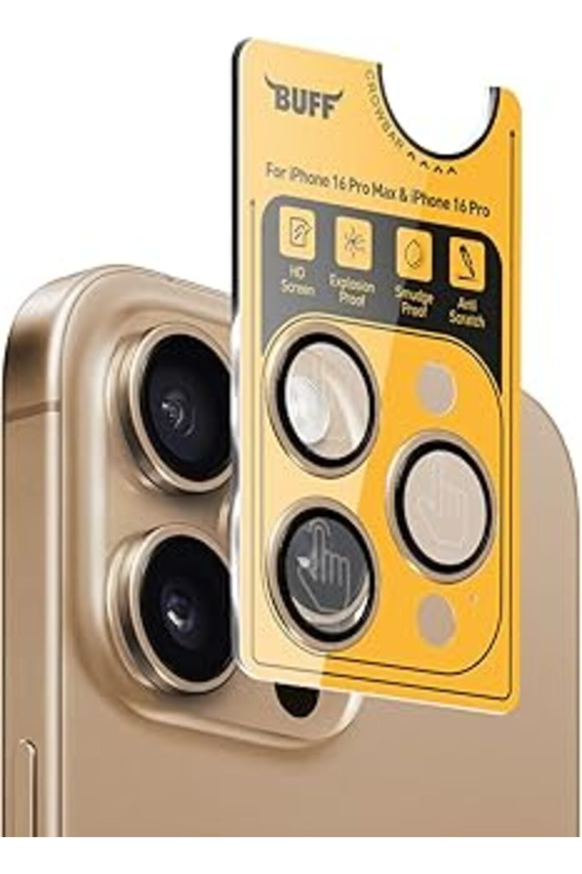 jupiter global bazaar Buff Labs Iphone 16 Pro Max / 16 Pro Ile Uyumlu Titanyum 9H Lens Koruyucu (Gold Brown)