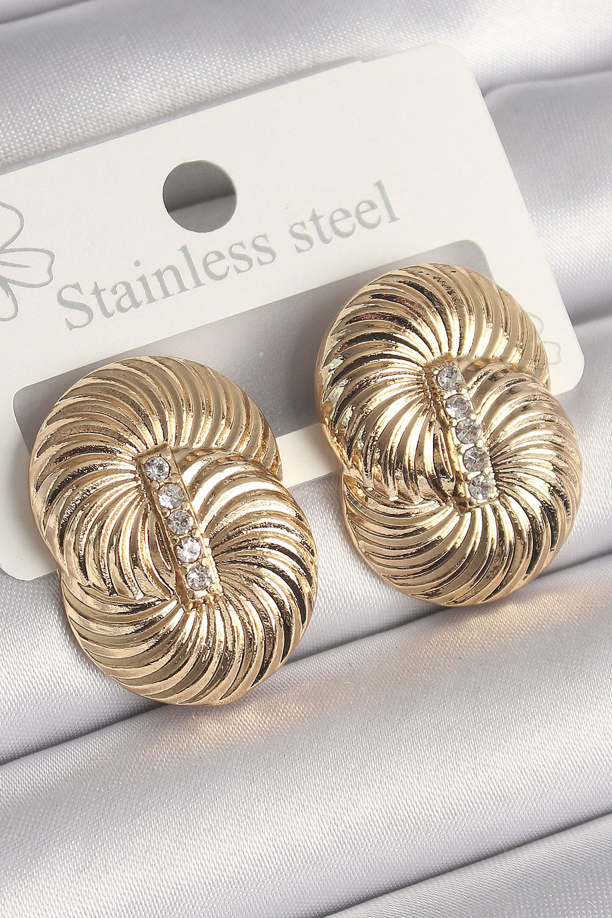 BZK ACCESSORİES Pirinç Gold Renk Zirkon Taşlı Sarmal Model Kadın Küpe