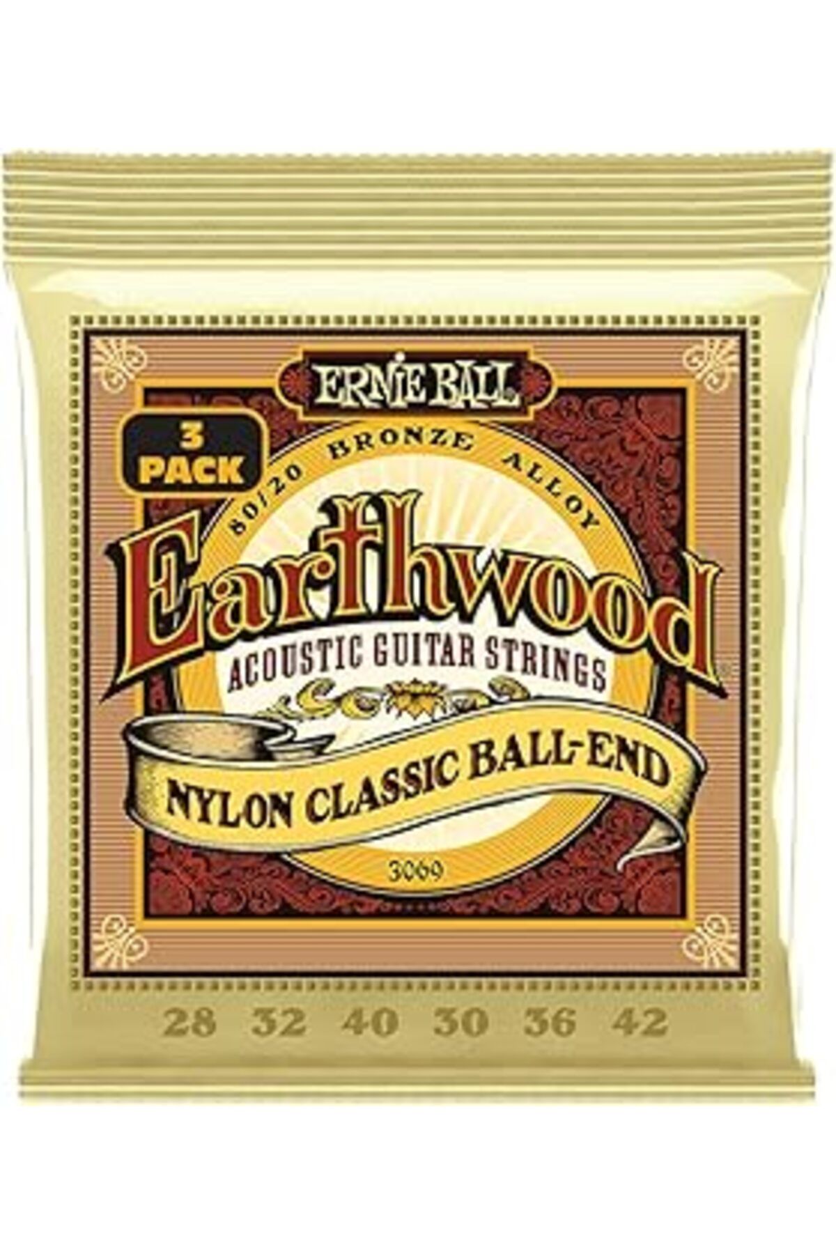 Pazarcan Ernie Ballu Earthwood Halk Akustik Gitar Dizeleri Naylon Şeffaf Altın Tonlu Ball Sonu 80/20 Bronz 3