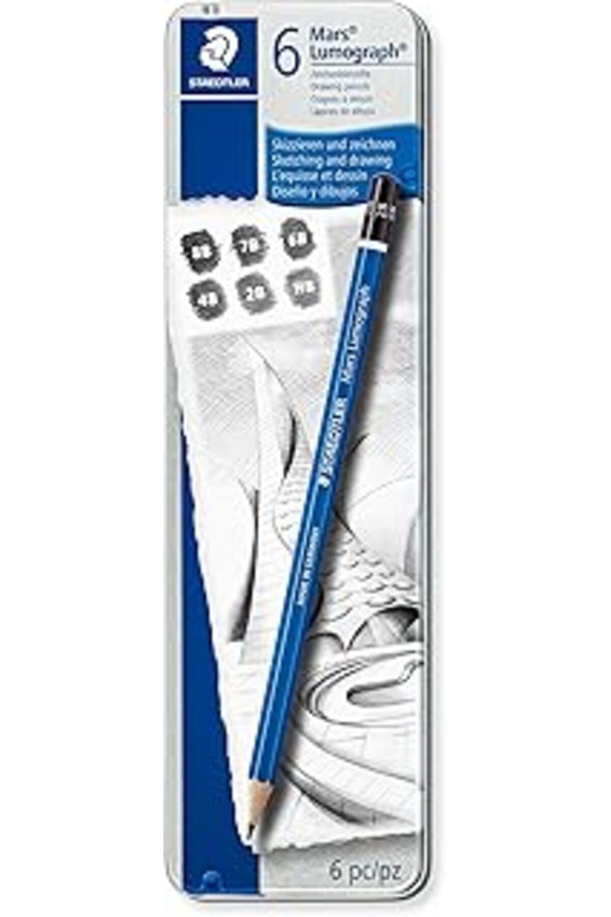 NETWORK ART Staedtler 100 G6 Mars Lumograph Kursun Kalem 6'lı Metal Kutuda 8B, 7B, 6B, 4B, 2B, Hb