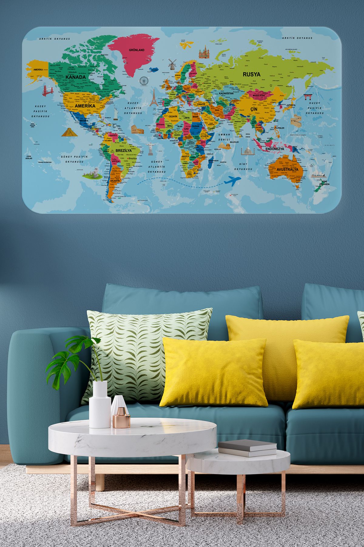 Haye Collection Türkçe Eğitici Ülke ve Başkent Okyanus Detaylı Atlası Dünya Haritası Duvar Sticker -60x105-3865
