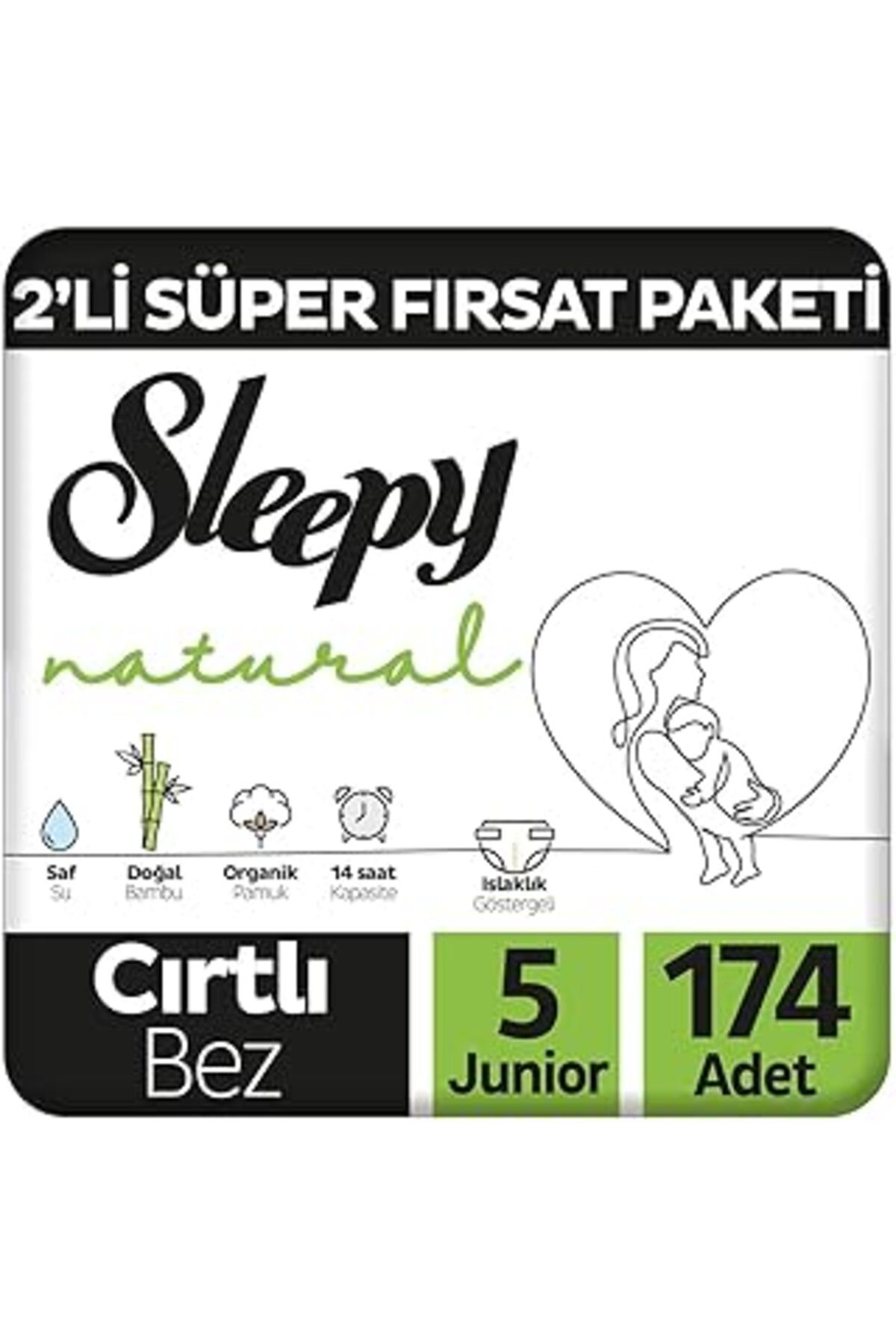 Mu Art Ahşap Sleepy Natural 2'li Fırsat Paketi Bebek Bezi 5 Numara Junior 174 Adet