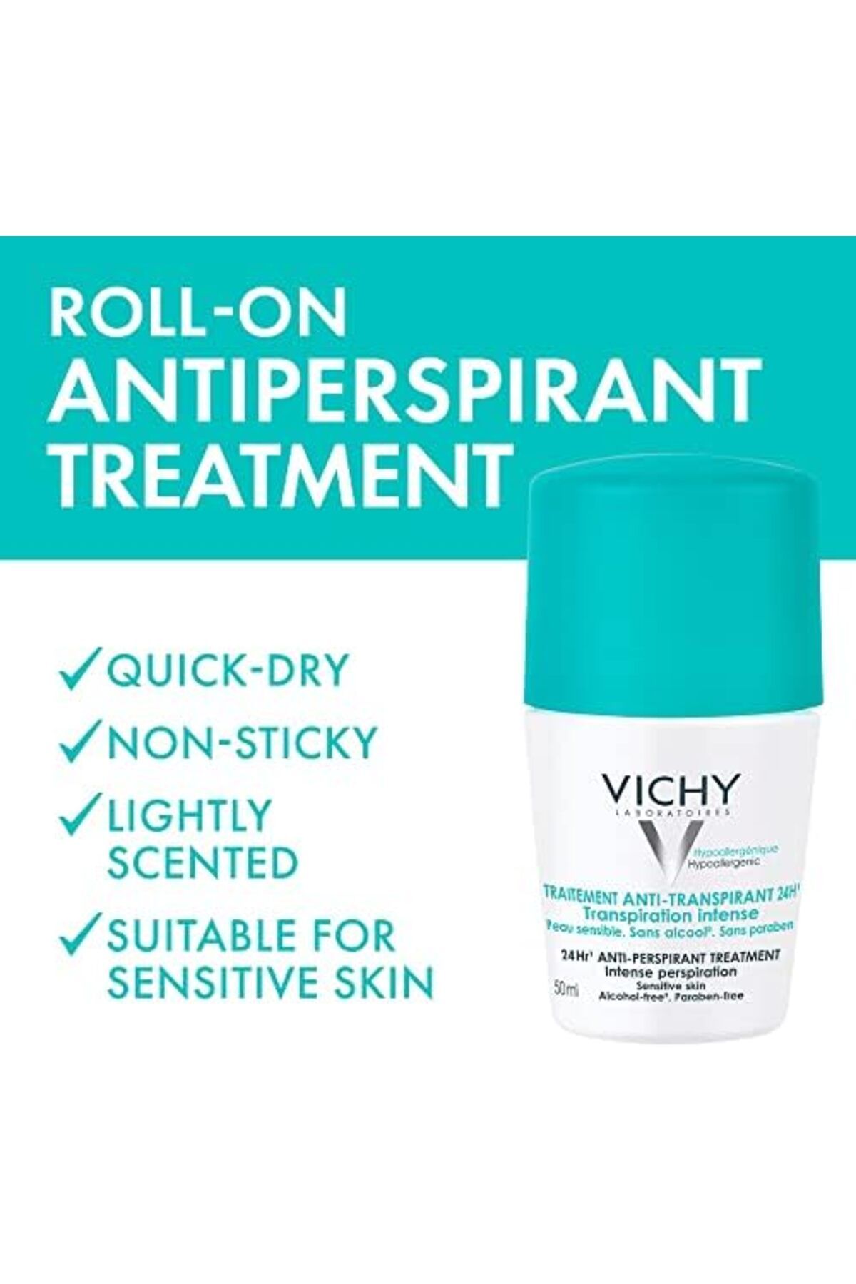 Vichy-Roll-On Deodorant Sensitive, 48 Hours, 50ml (Green), Refreshing 6