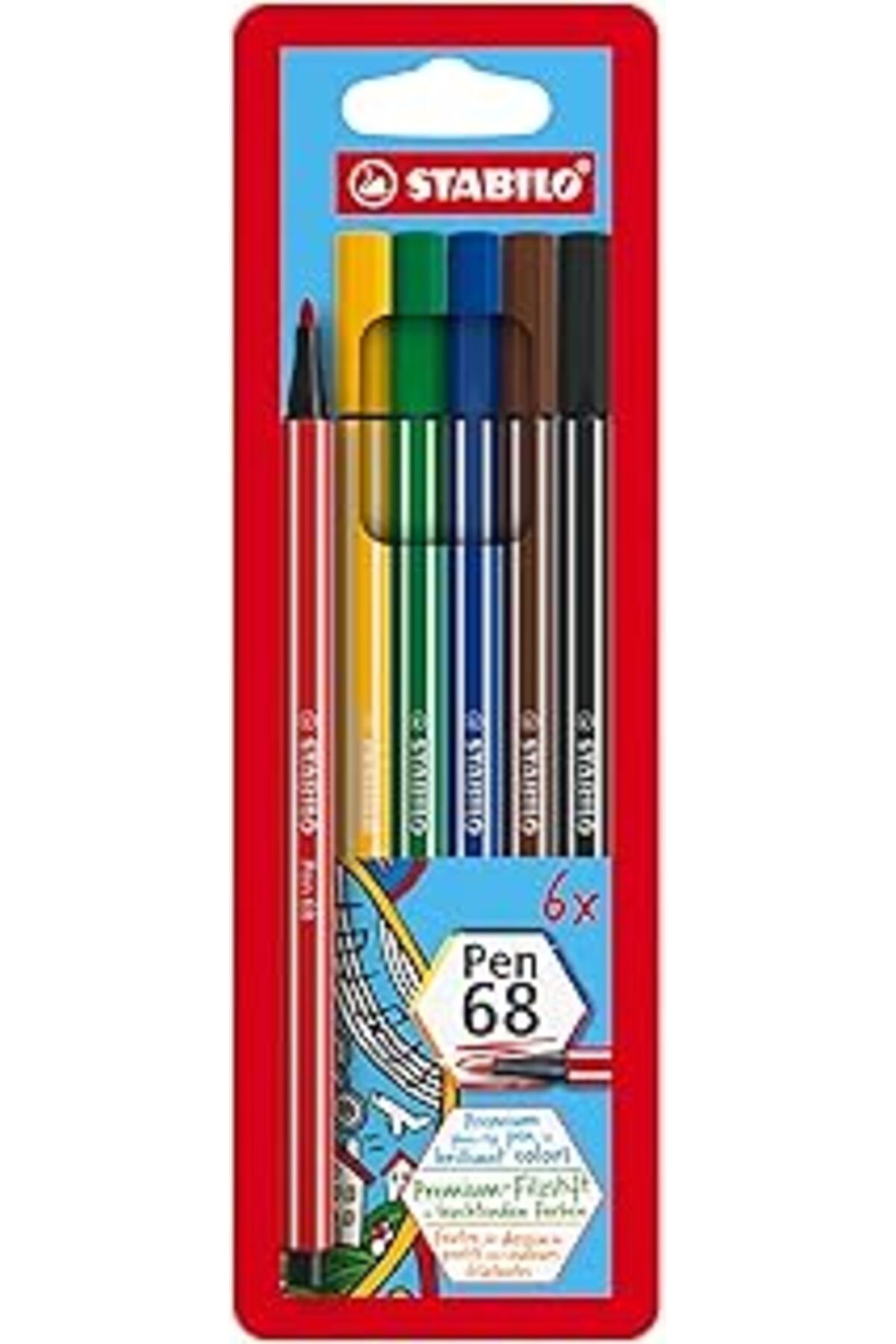 nazeninstoğu Pen 68 - Keçe Uçlu Boya Kalemi - 6 'Lı Askılı Paket - 6 Farklı Renkte