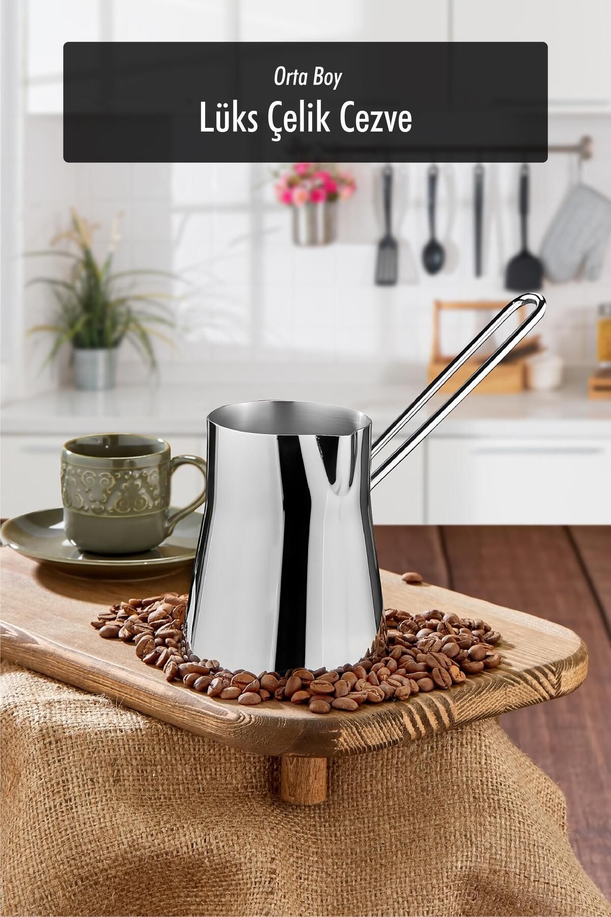 Mu Art Ahşap Paslanmaz Çelik 500 Ml Orta Boy Cezve ( 6 Fincan Ölçüsünde )