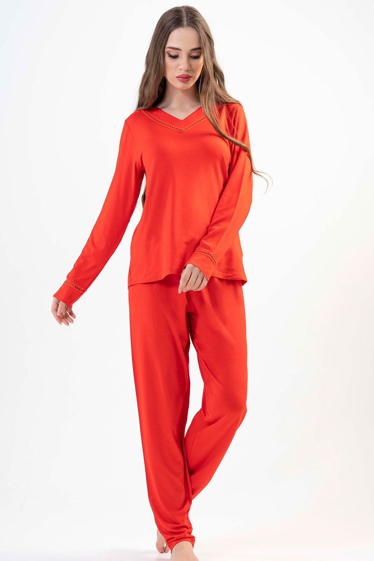 LOUNRE Vorteks Viskon/Likralı Kol Ucu Detaylı Uzun Kollu Kadın Pijama Takımı