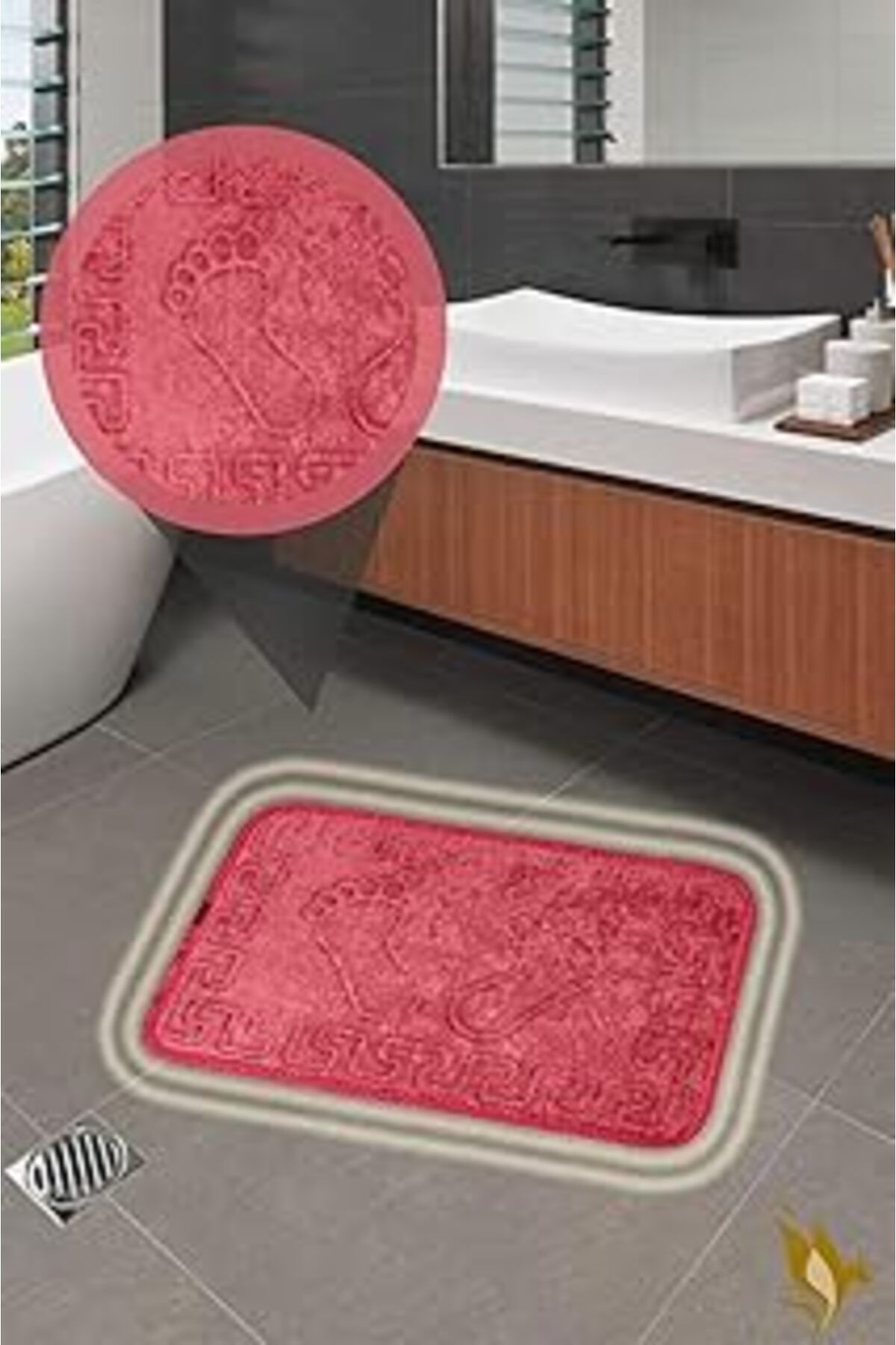 karadağsb İkinciten Kaymaz Tabanlı Ayak İzli Banyo Paspası Halısı 60X40 Cm Pembe