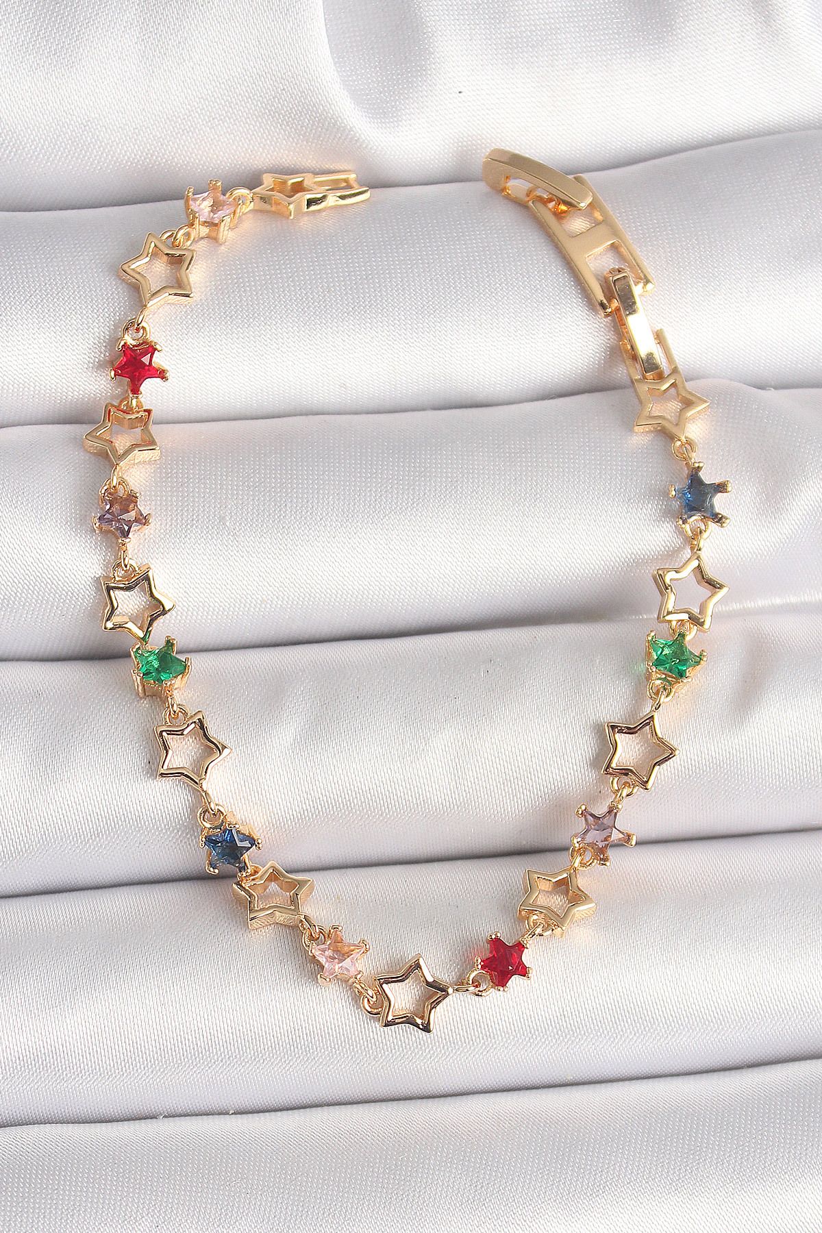 MMB Boutique Pirinç Gold Renk Renkli Zirkon Taşlı Yıldız Model Kadın Bileklik