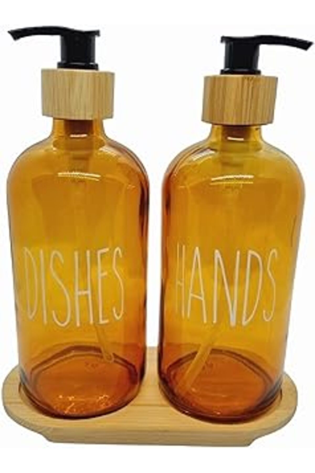 karadağsb Mien 500Ml Amber Cam Sıvı Sabunluk Seti, Bulaşık Ve El Sabunu İçin, Bambu Tepsili