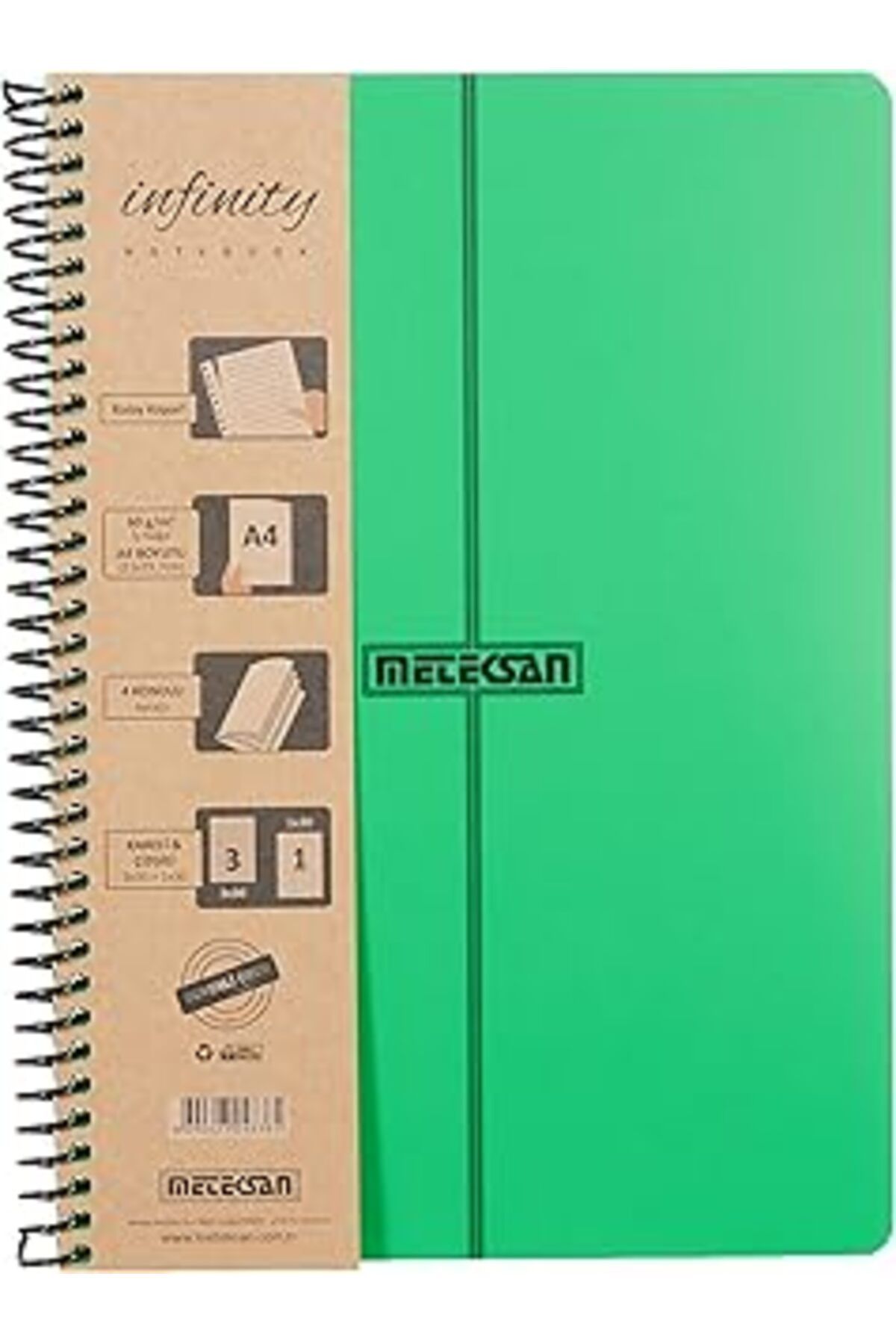 NZM TİCARET Meteksan Infinity Primary Serisi, A4, 4 Konulu (3 Kareli, 1 Çizgili) 120 Yaprak Pp Kapaklı Spiralli