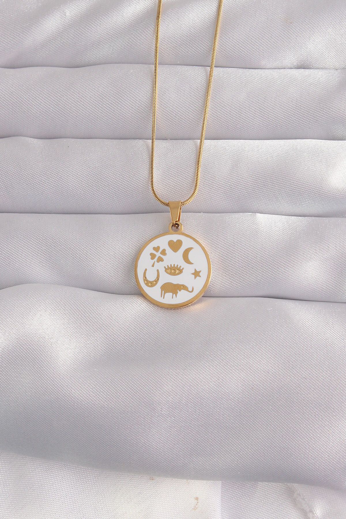 Evinso 316L Çelik Gold Renk Beyaz Mineli Karışık Figürlü Tarot Kolye