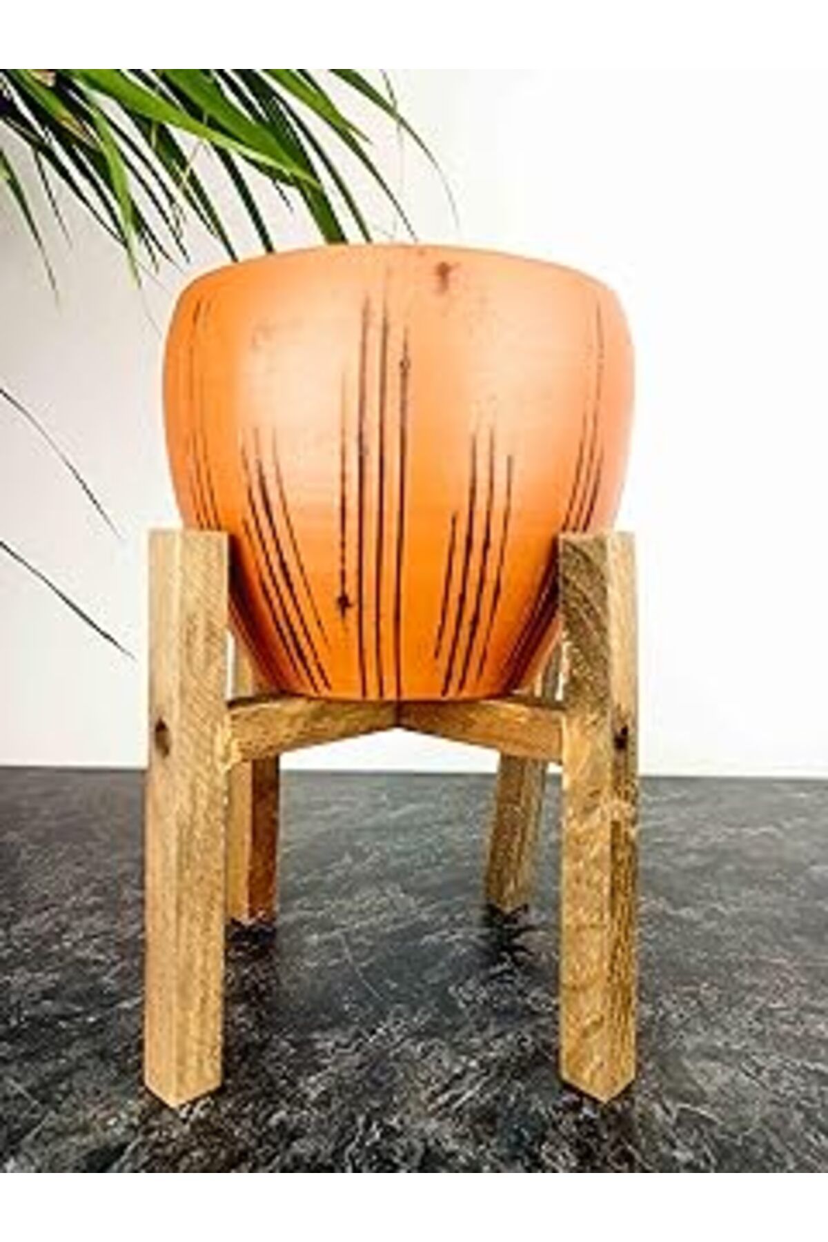 Mu Art Ahşap Bitki Tasarımı Ev Dekorasyon Siyah Çizgi Desenli Terrakota Toprak Saksı Saksılık Salon Çiçeklik 4 A
