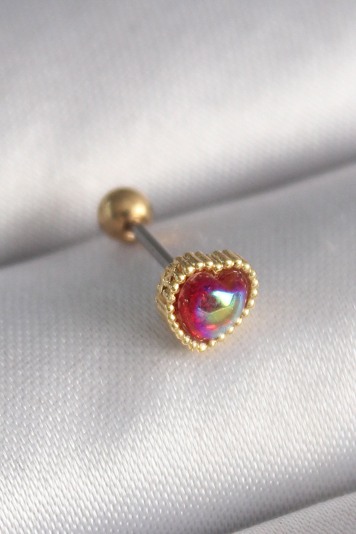 MAYAS 316L Çelik Gold Renk Kırmızı Mineli Kalp Tragus Piercing