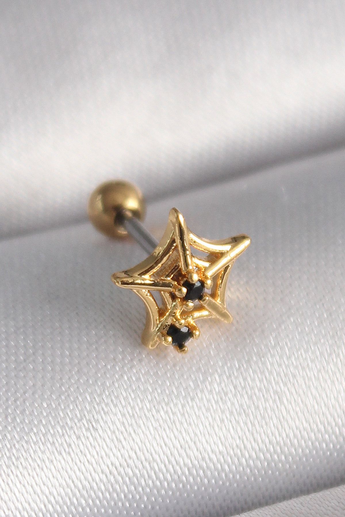robotrend 316L Çelik Gold Renk Siyah Zirkon Taş Detay Örümcek Ağ Model Tragus Piercing