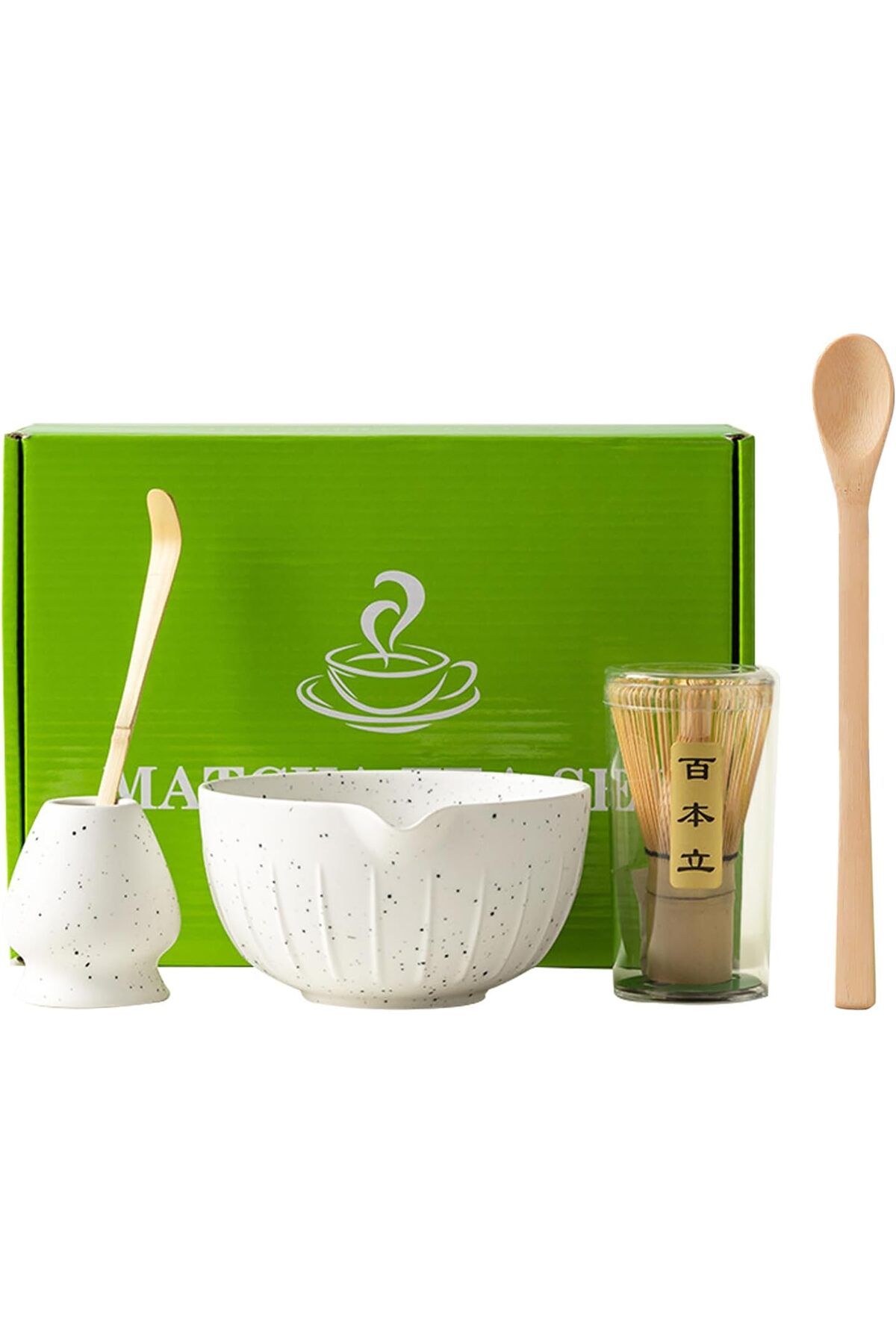 NWVUOP 5'li Matcha Çay Seti, Bambu Süpürge, Kaşık, Kürek ve Seramik Kase ile